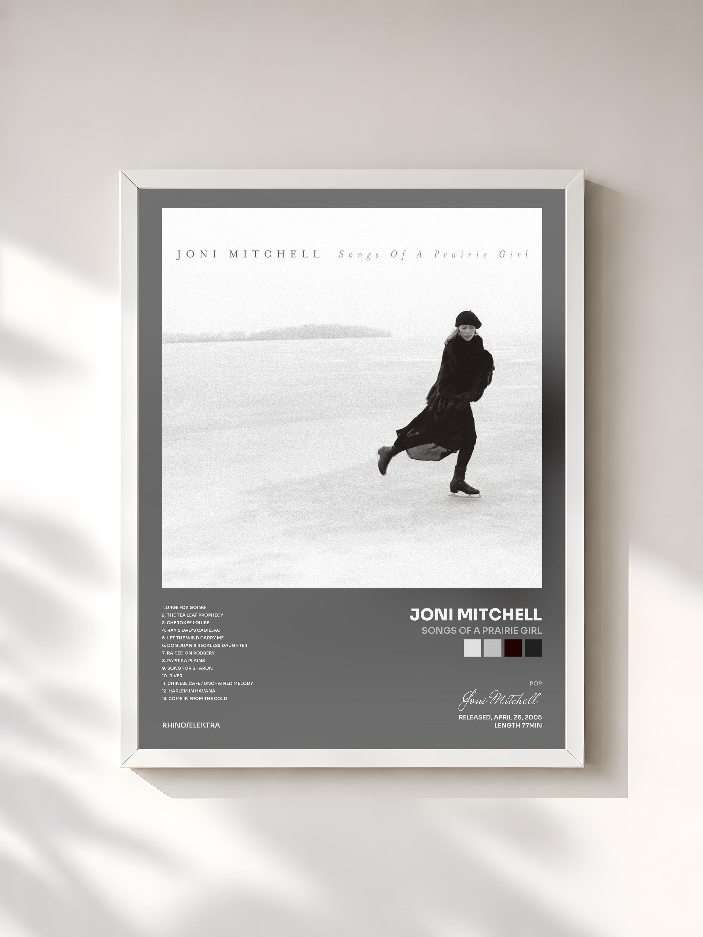 #blanc Tableau de l'album Songs of a Prairie Girl de Joni Mitchell, cadre blanc, imprimé et encadré en France