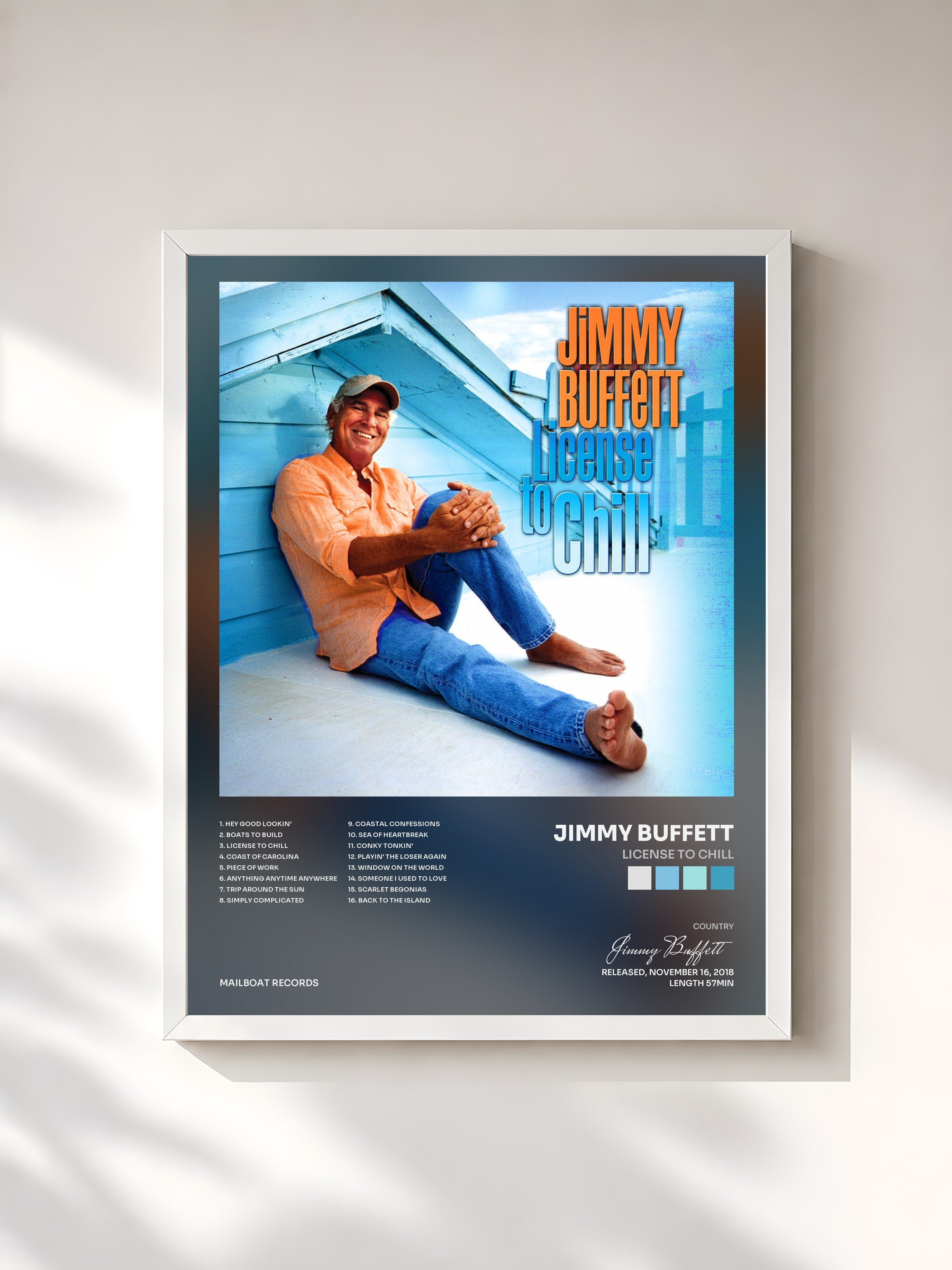 #blanc Tableau de l'album License to Chill de Jimmy Buffett, cadre blanc, imprimé et encadré en France