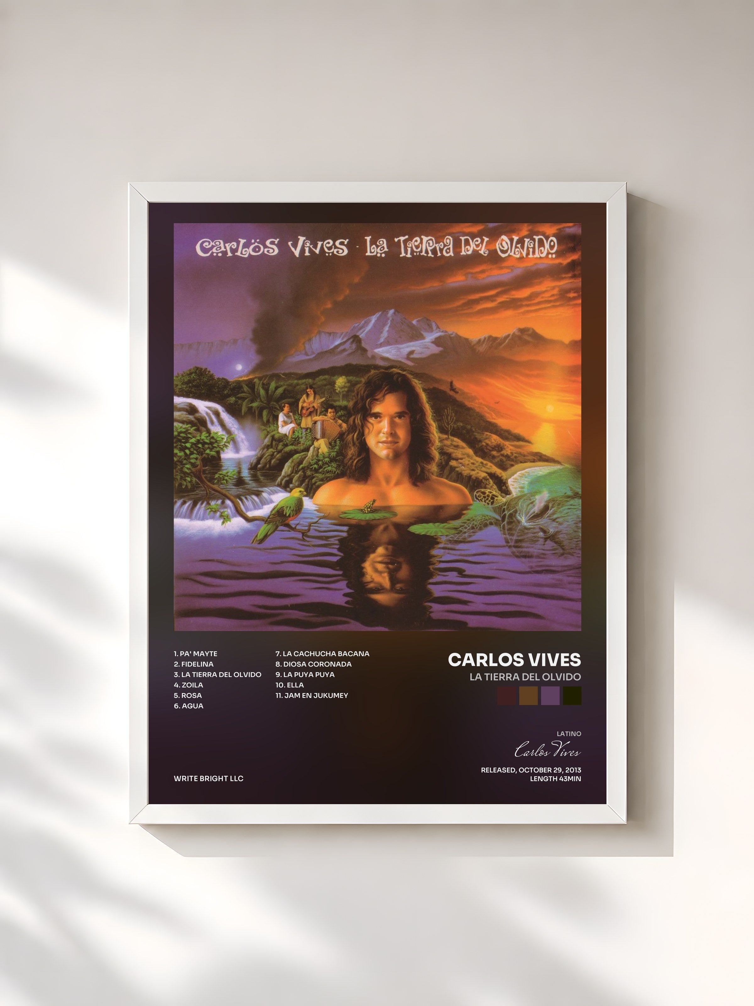 #blanc Tableau de l'album La Tierra del Olvido de Carlos Vives, cadre blanc, imprimé et encadré en France