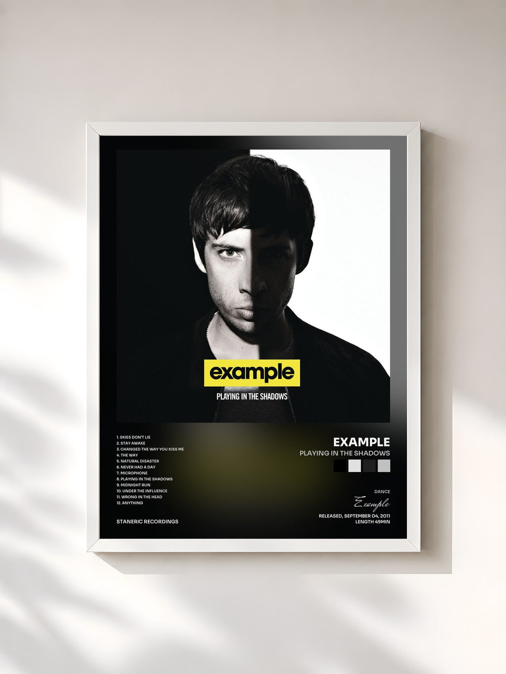 #blanc Tableau de l'album Playing In The Shadows de Example, cadre blanc, imprimé et encadré en France