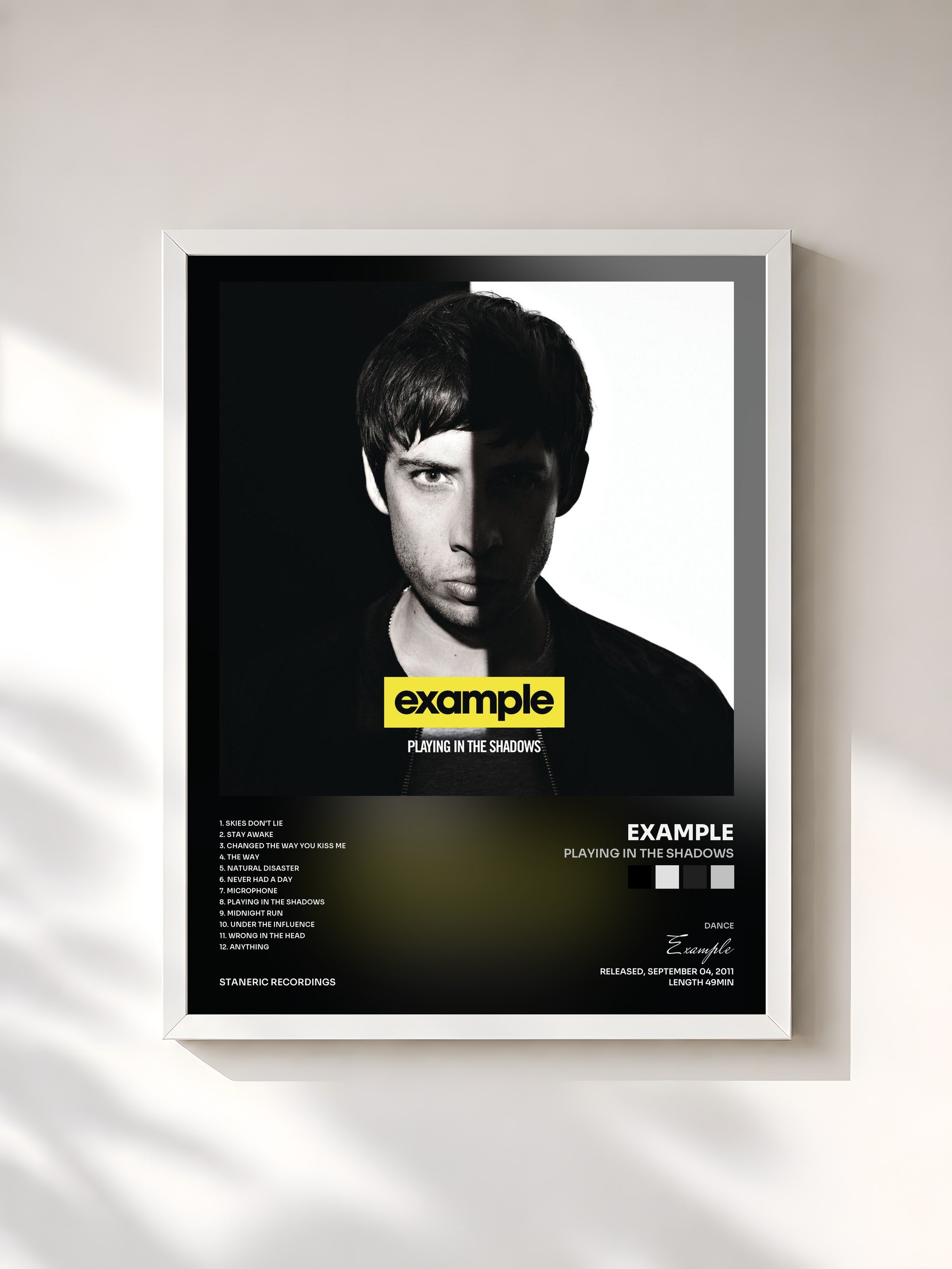 #blanc Tableau de l'album Playing In The Shadows de Example, cadre blanc, imprimé et encadré en France