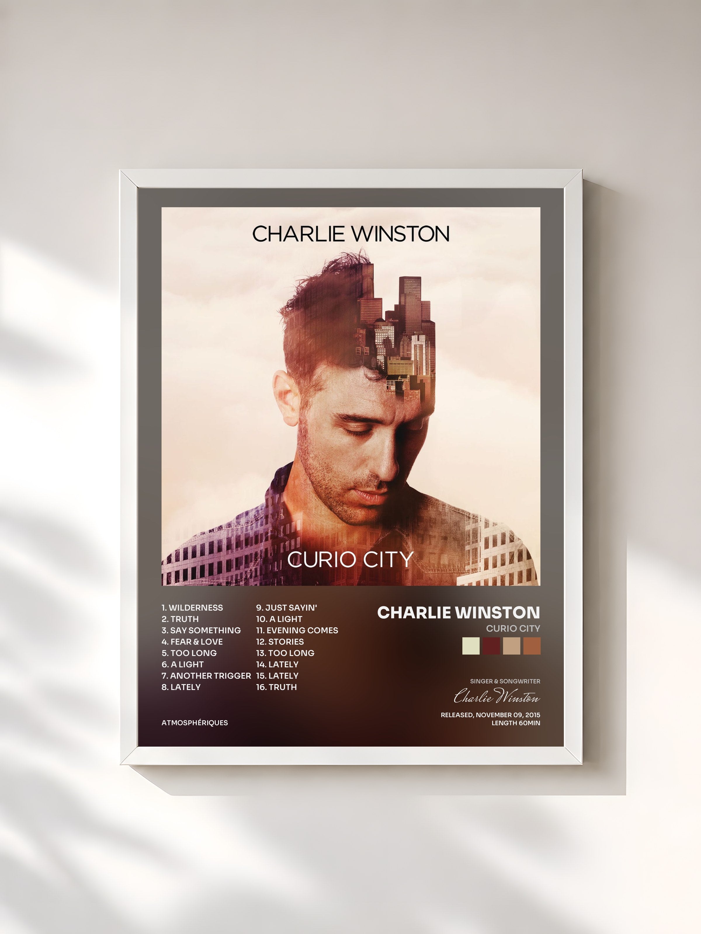 #blanc Tableau de l'album Curio City de Charlie Winston, cadre blanc, imprimé et encadré en France