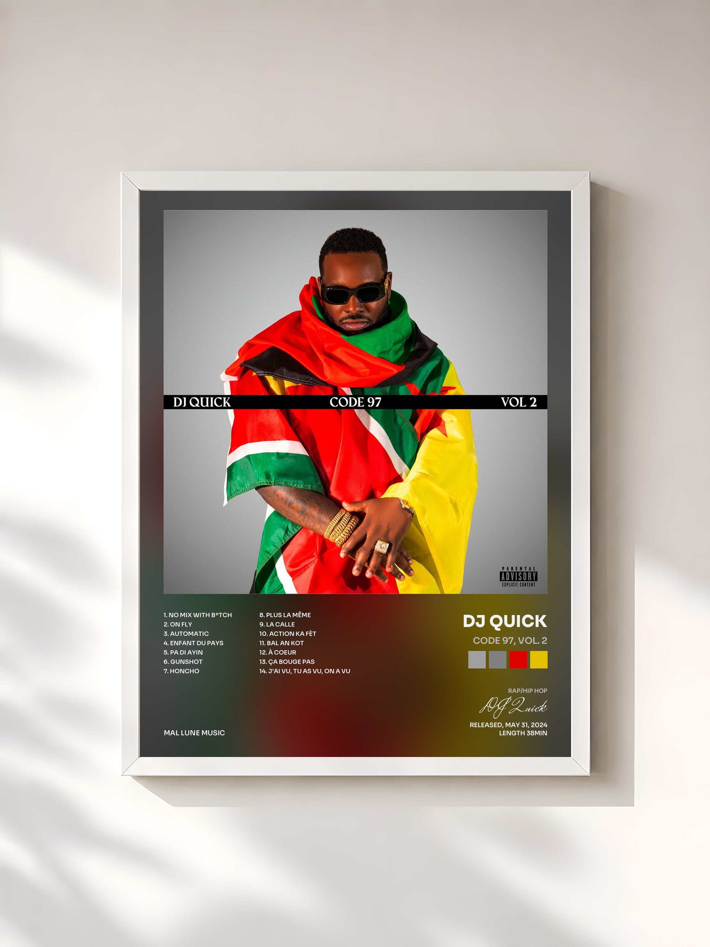 #blanc Tableau de l'album CODE 97, Vol. 2 de DJ Quick, cadre blanc, imprimé et encadré en France