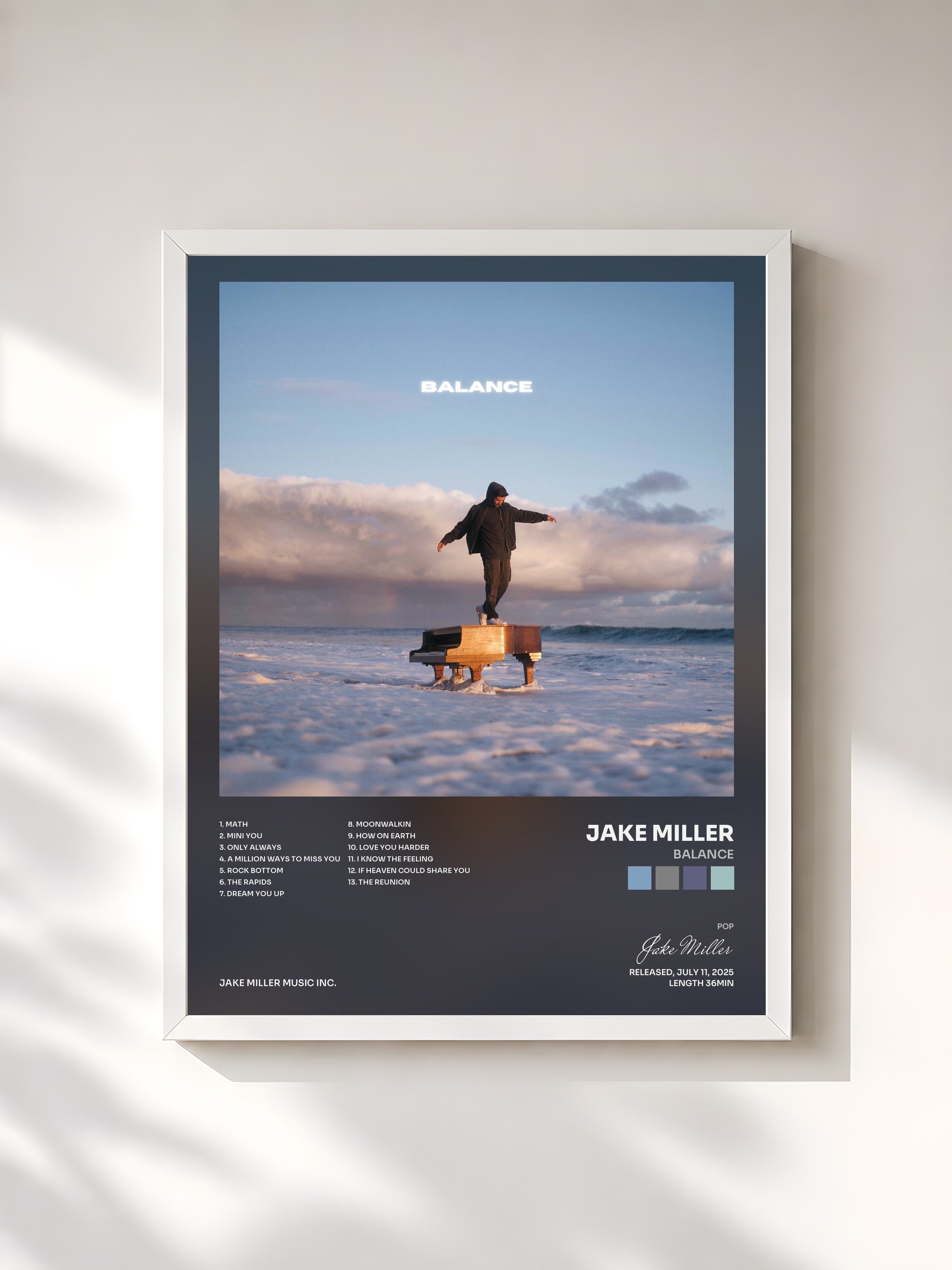 #blanc Tableau de l'album BALANCE de Jake Miller, cadre blanc, imprimé et encadré en France