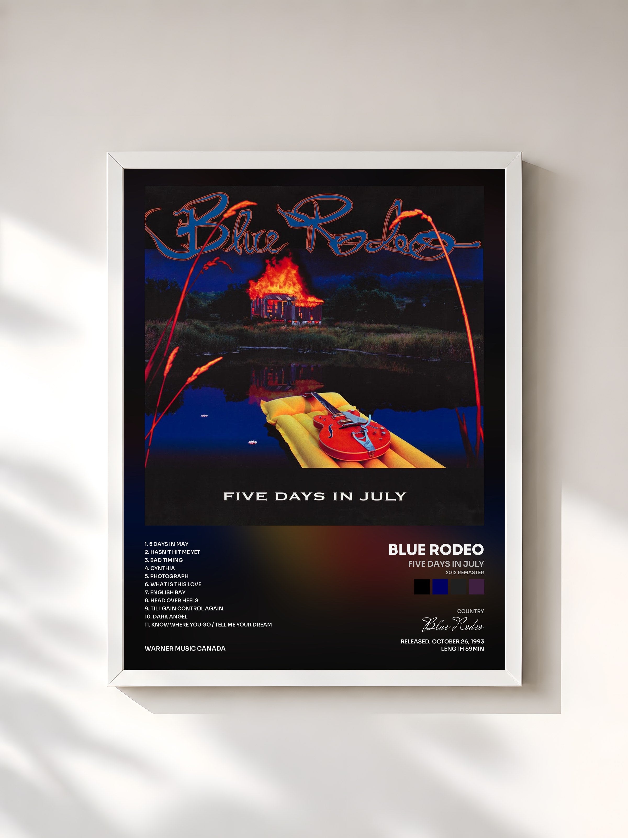 #blanc Tableau de l'album Five Days in July (2012 Remaster) de Blue Rodeo, cadre blanc, imprimé et encadré en France