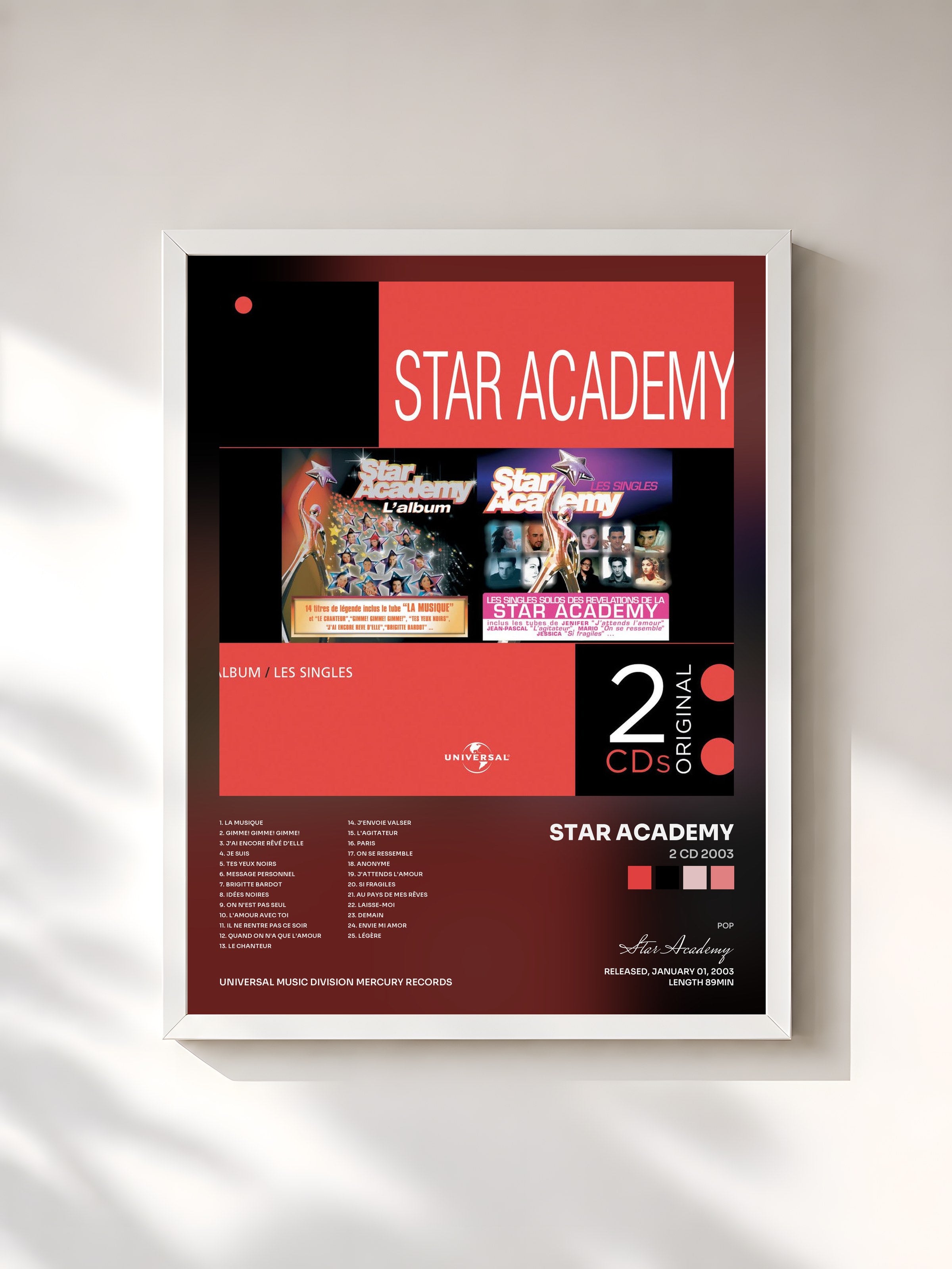 #blanc Tableau de l'album 2 CD 2003 de Star Academy, cadre blanc, imprimé et encadré en France
