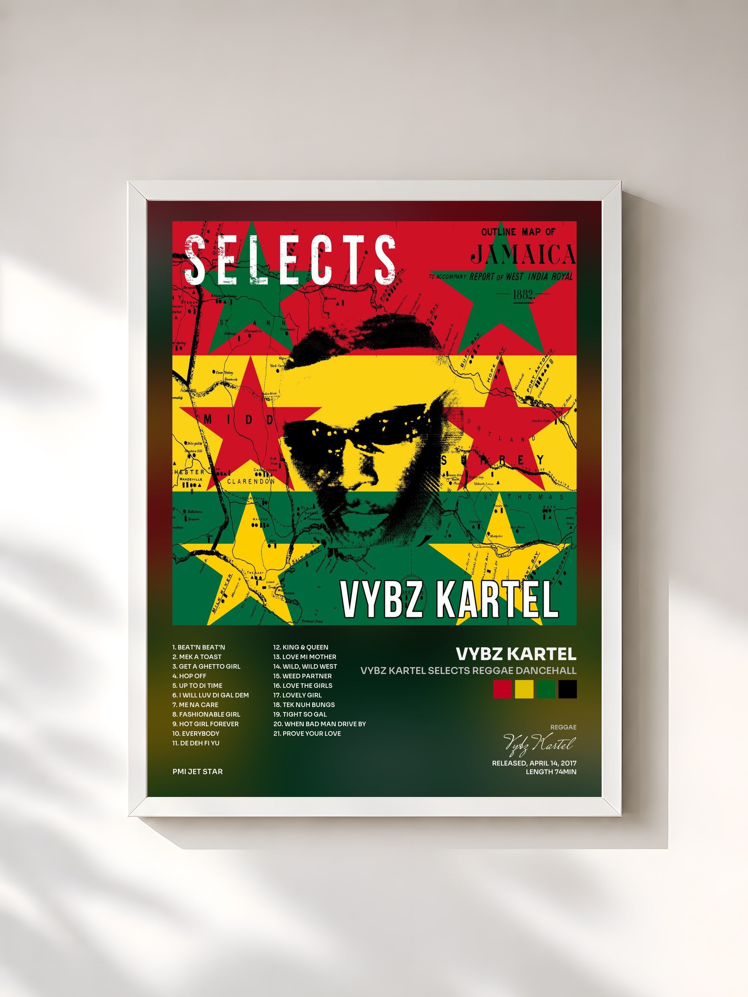 #blanc Tableau de l'album Vybz Kartel Selects Reggae Dancehall de Vybz Kartel, cadre blanc, imprimé et encadré en France