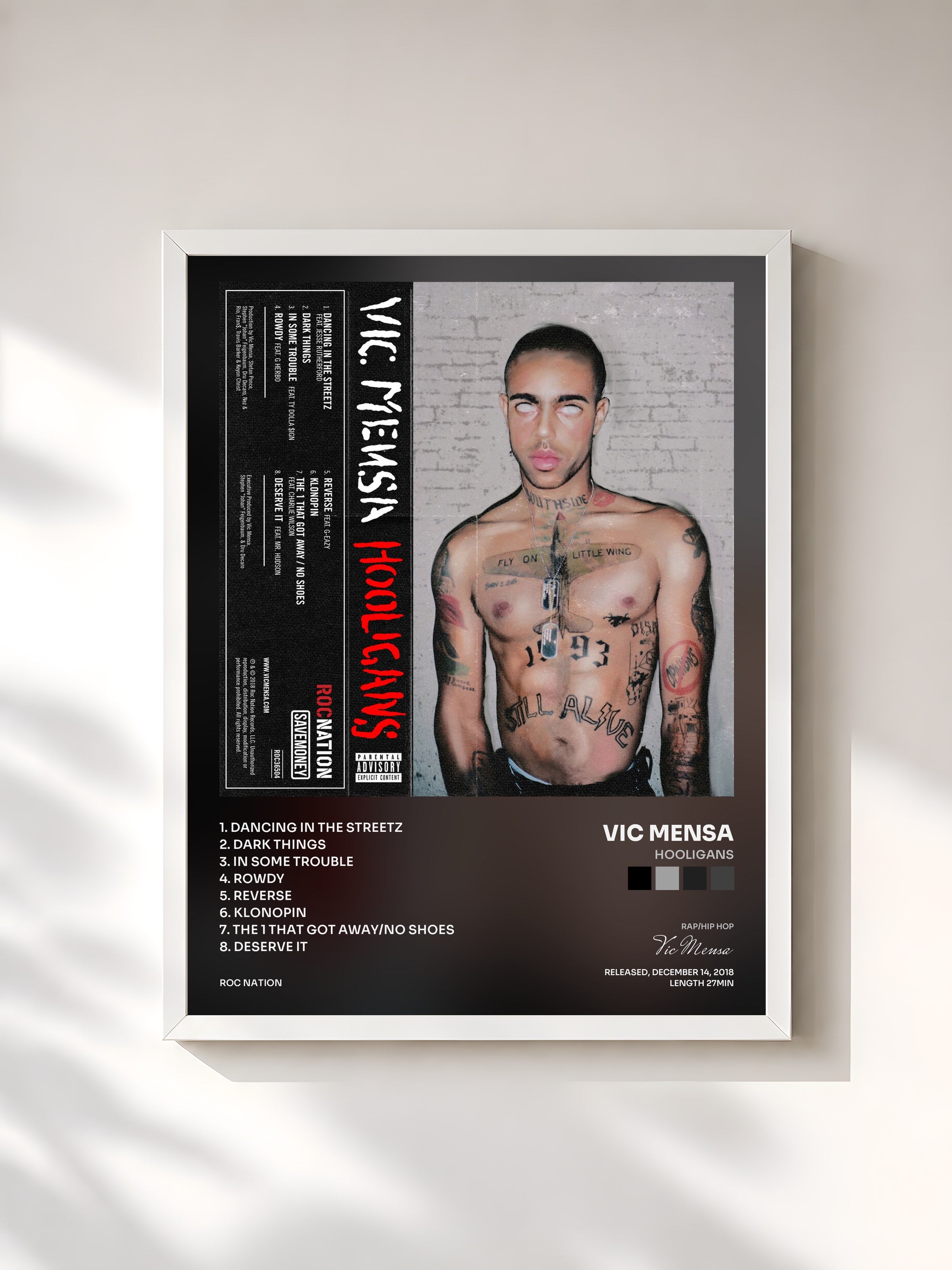#blanc Tableau de l'album HOOLIGANS de Vic Mensa, cadre blanc, imprimé et encadré en France
