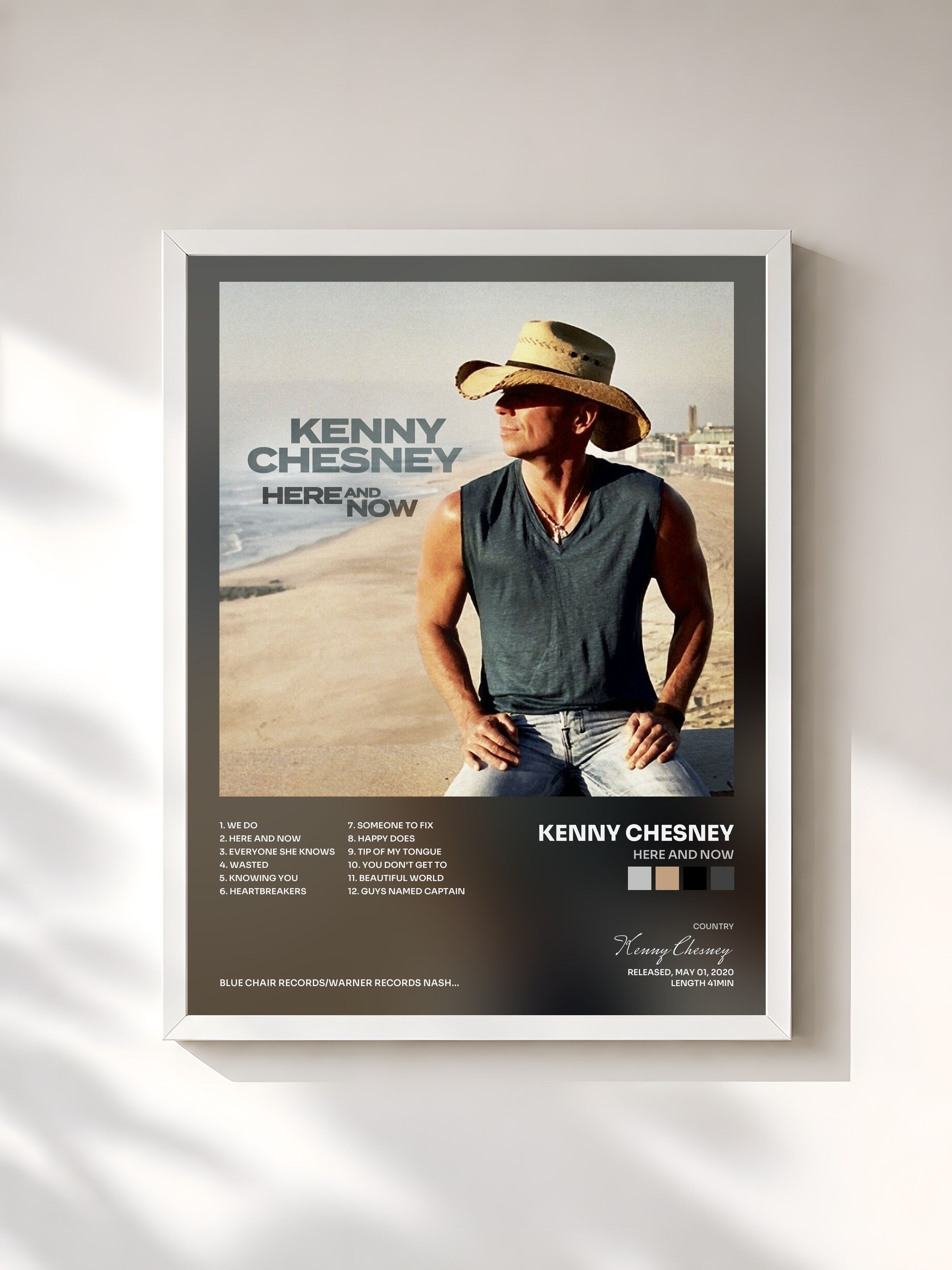 #blanc Tableau de l'album Here And Now de Kenny Chesney, cadre blanc, imprimé et encadré en France