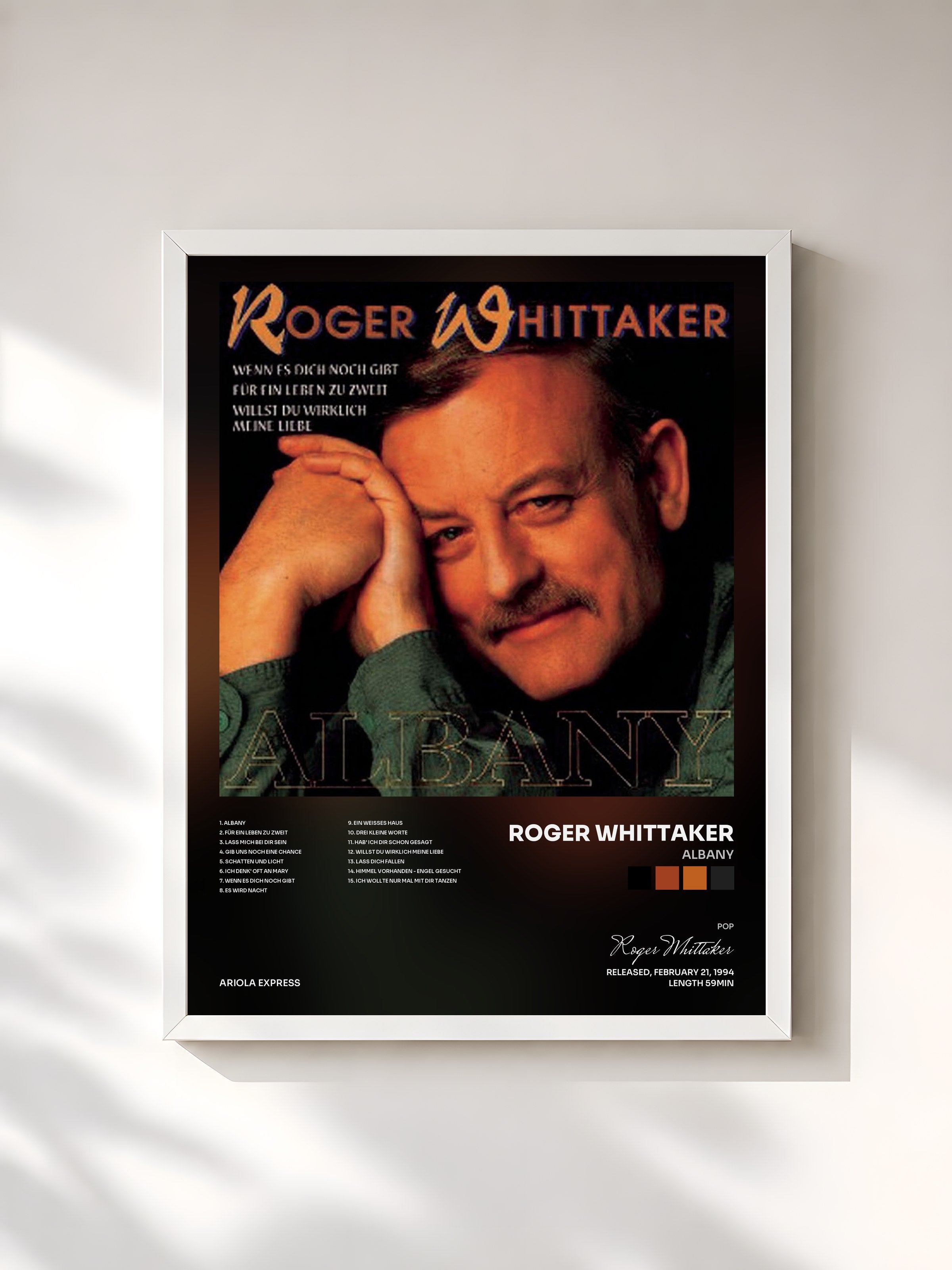 #blanc Tableau de l'album Albany de Roger Whittaker, cadre blanc, imprimé et encadré en France