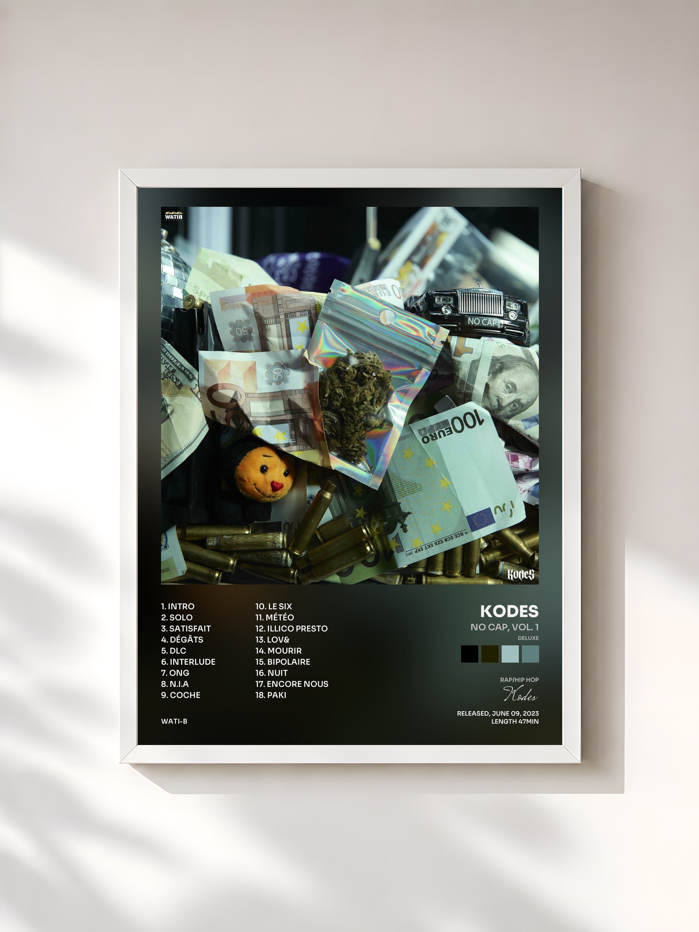 #blanc Tableau de l'album NO CAP, Vol. 1 (Deluxe) de Kodes, cadre blanc, imprimé et encadré en France