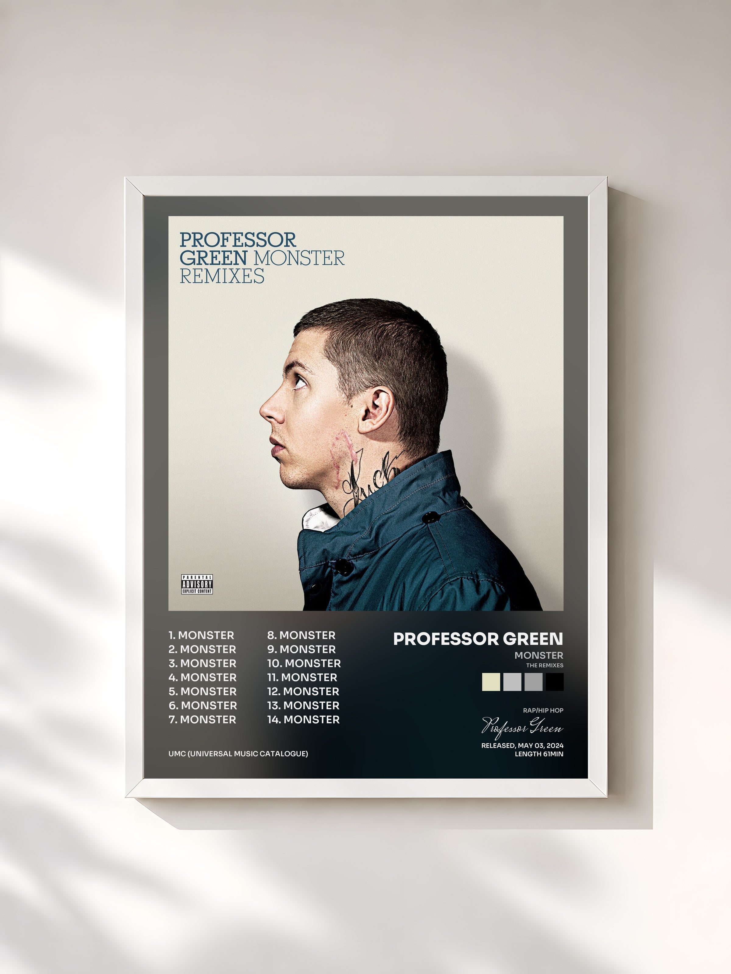 #blanc Tableau de l'album Monster (The Remixes) de Professor Green, cadre blanc, imprimé et encadré en France