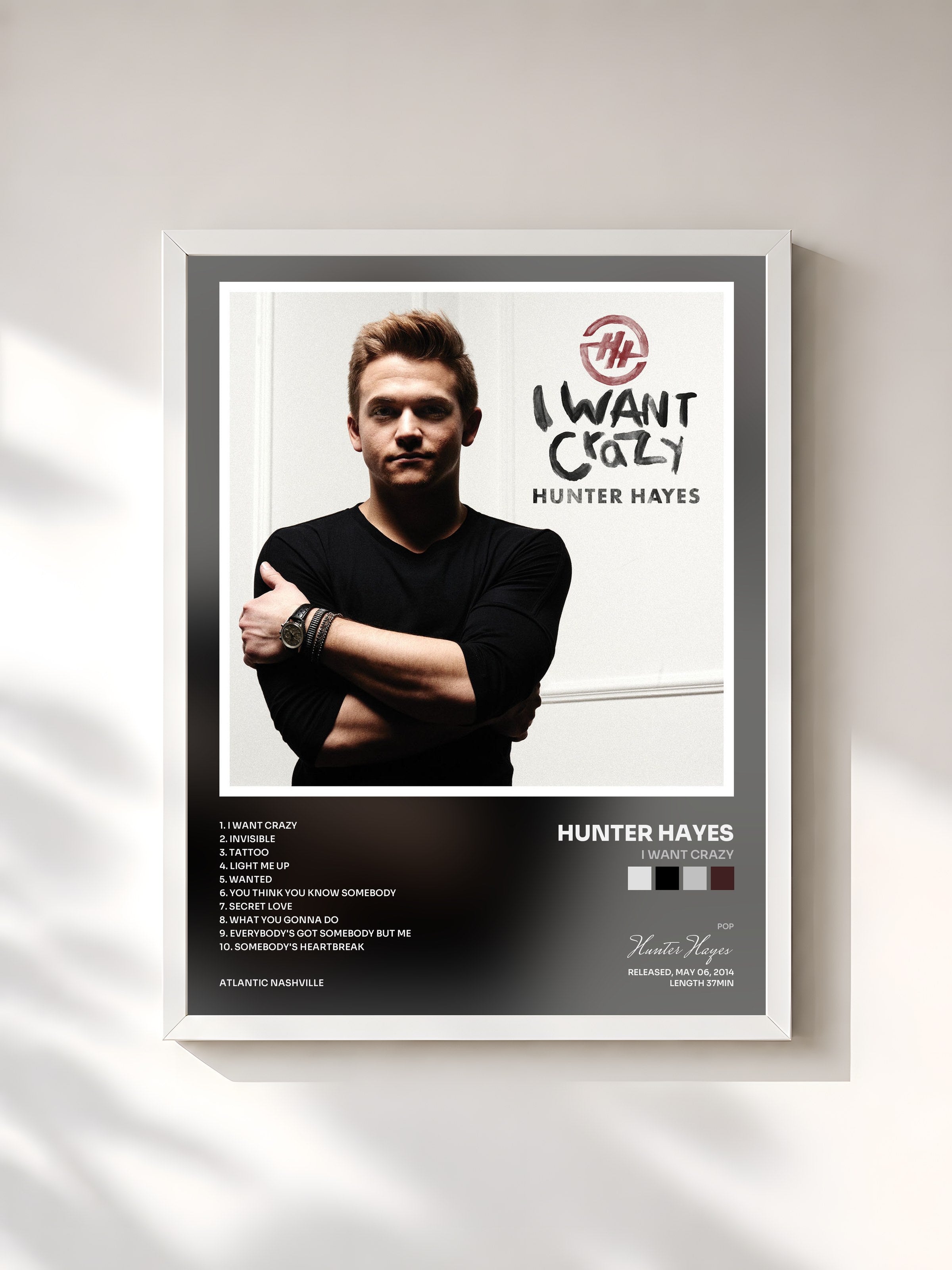 #blanc Tableau de l'album I Want Crazy de Hunter Hayes, cadre blanc, imprimé et encadré en France