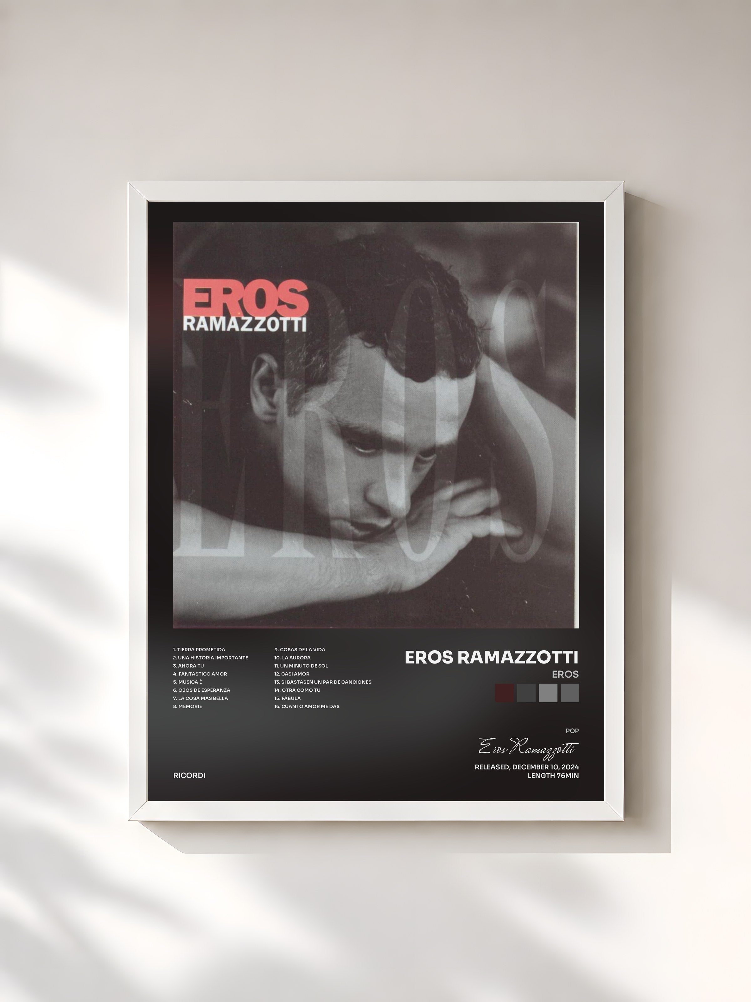 #blanc Tableau de l'album Eros de Eros Ramazzotti, cadre blanc, imprimé et encadré en France
