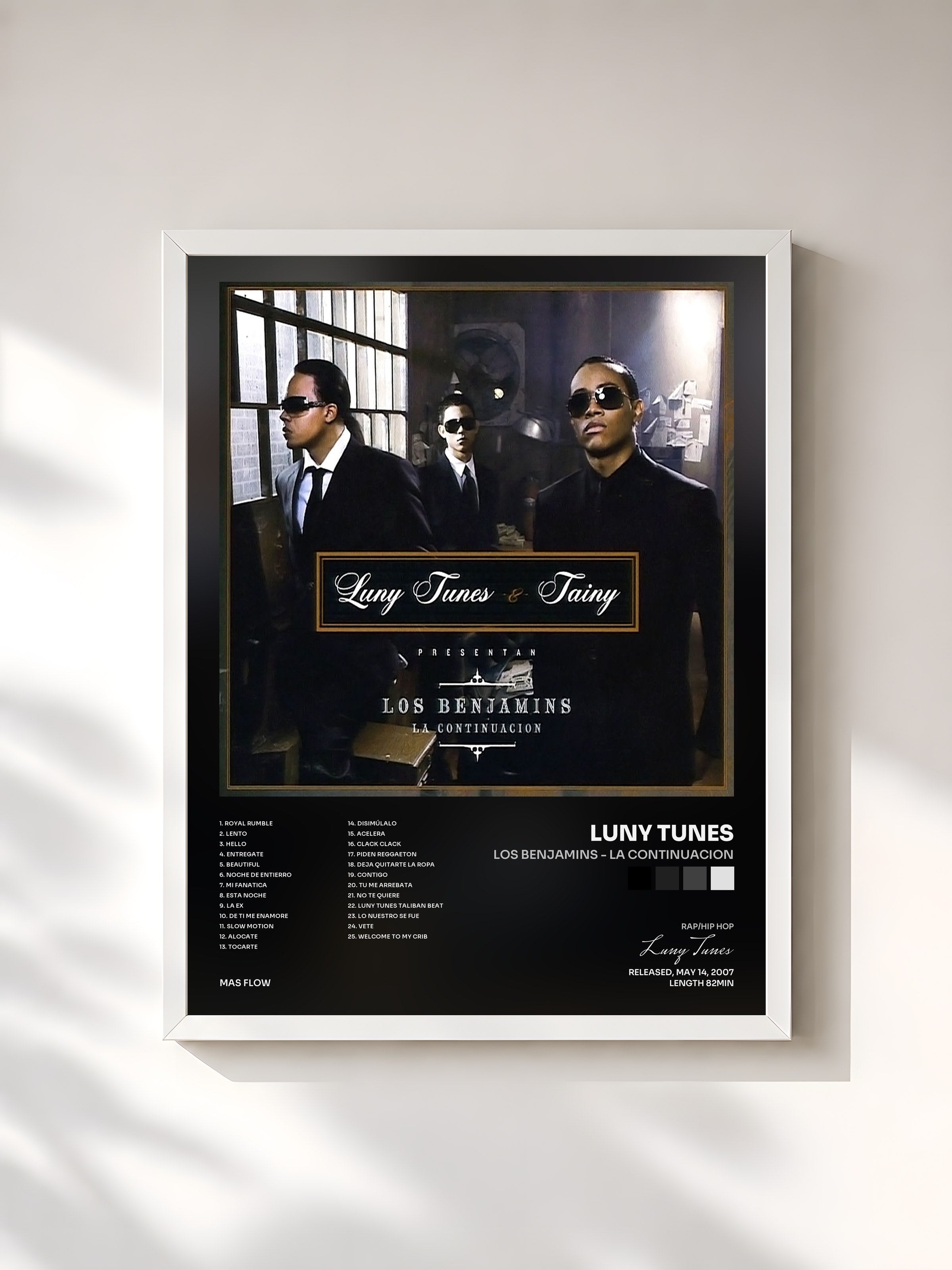 #blanc Tableau de l'album Los Benjamins - La Continuacion de Luny Tunes, cadre blanc, imprimé et encadré en France
