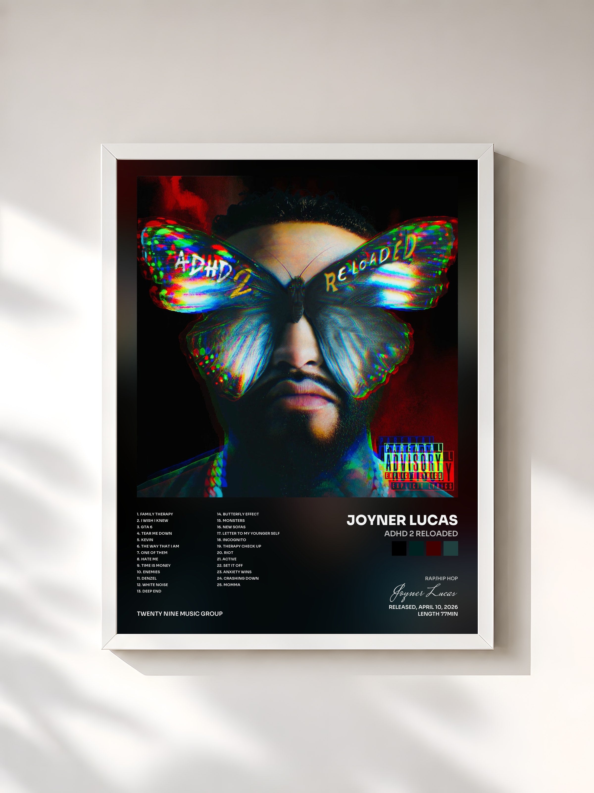 #blanc Tableau de l'album ADHD 2 Reloaded de Joyner Lucas, cadre blanc, imprimé et encadré en France