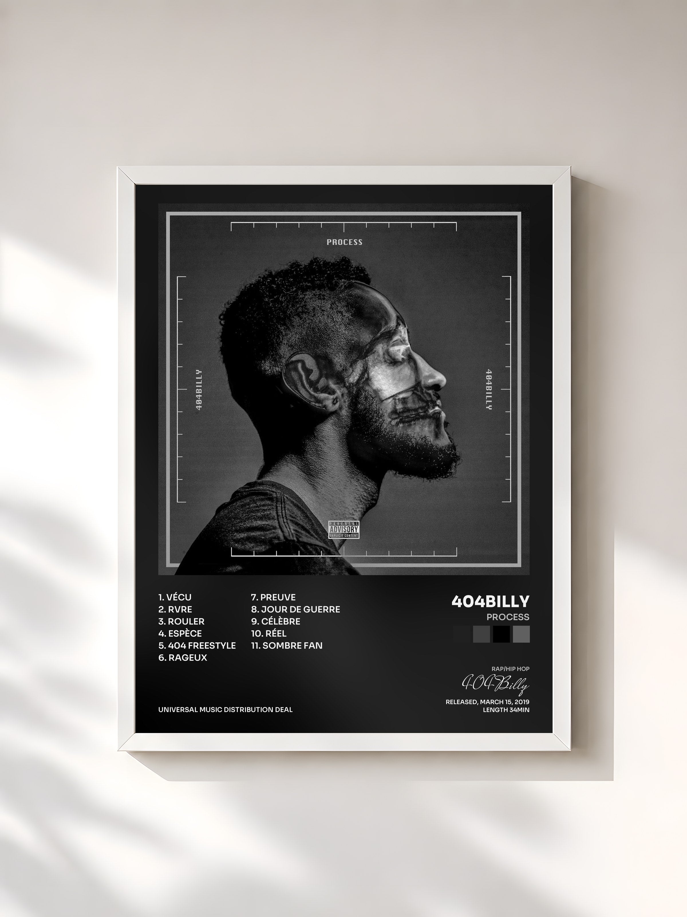 #blanc Tableau de l'album Process de 404Billy, cadre blanc, imprimé et encadré en France