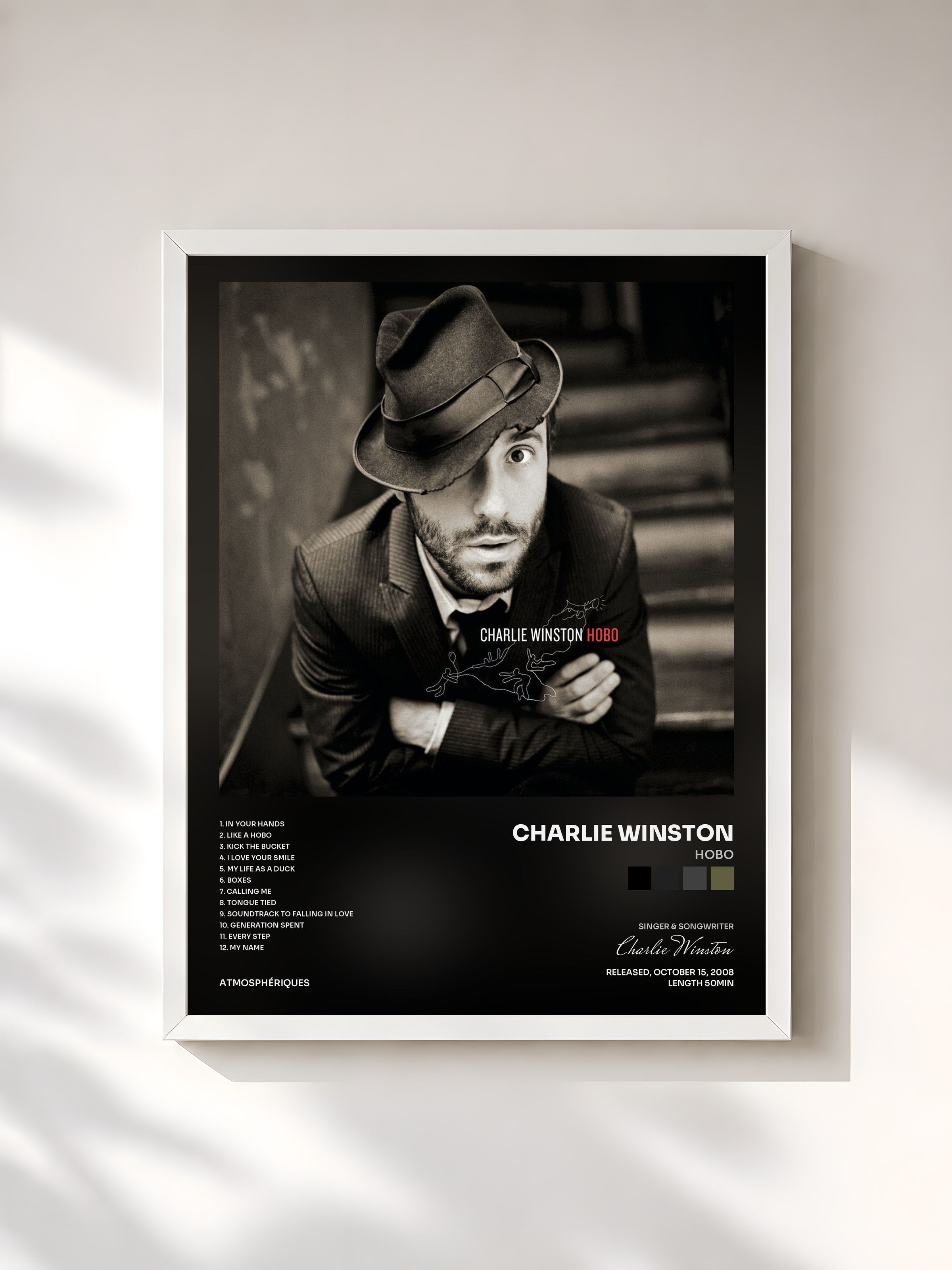 #blanc Tableau de l'album Hobo de Charlie Winston, cadre blanc, imprimé et encadré en France