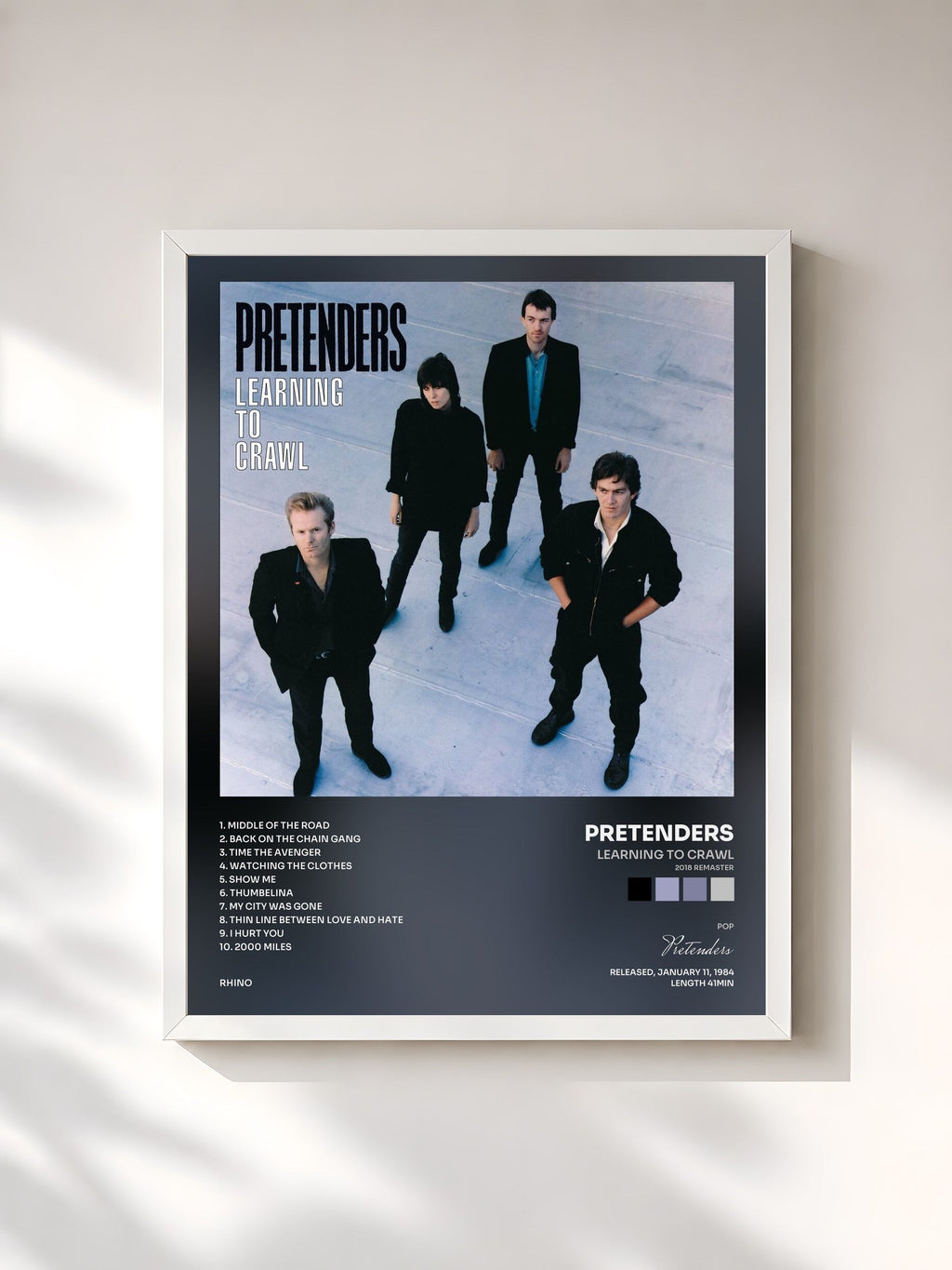 #blanc Learning to Crawl (2018 Remaster) de Pretenders en lámina enmarcada, marco blanco, impresa y enmarcada en Francia