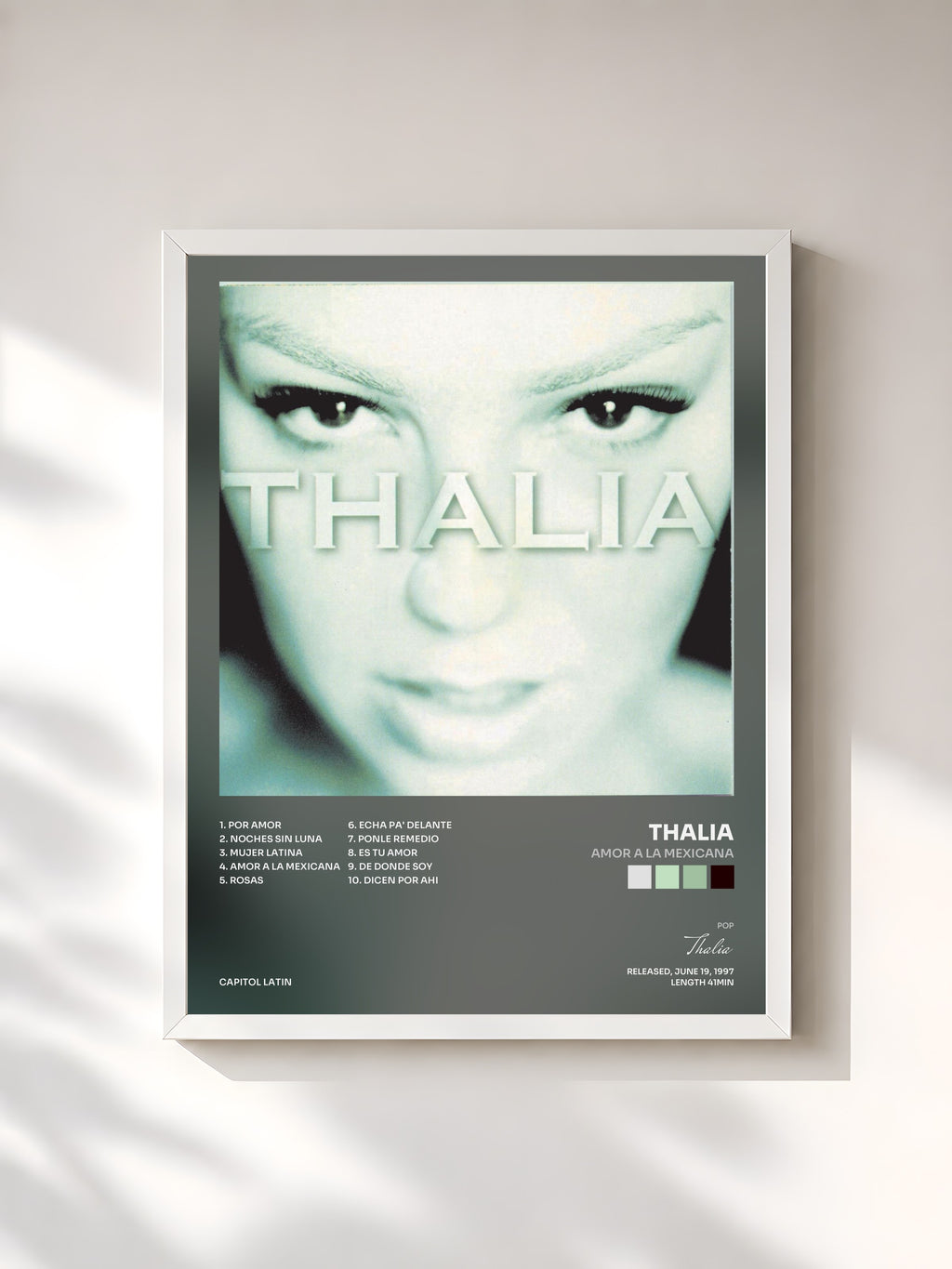 #blanc Tableau de l'album Amor A La Mexicana de Thalia, cadre blanc, imprimé et encadré en France