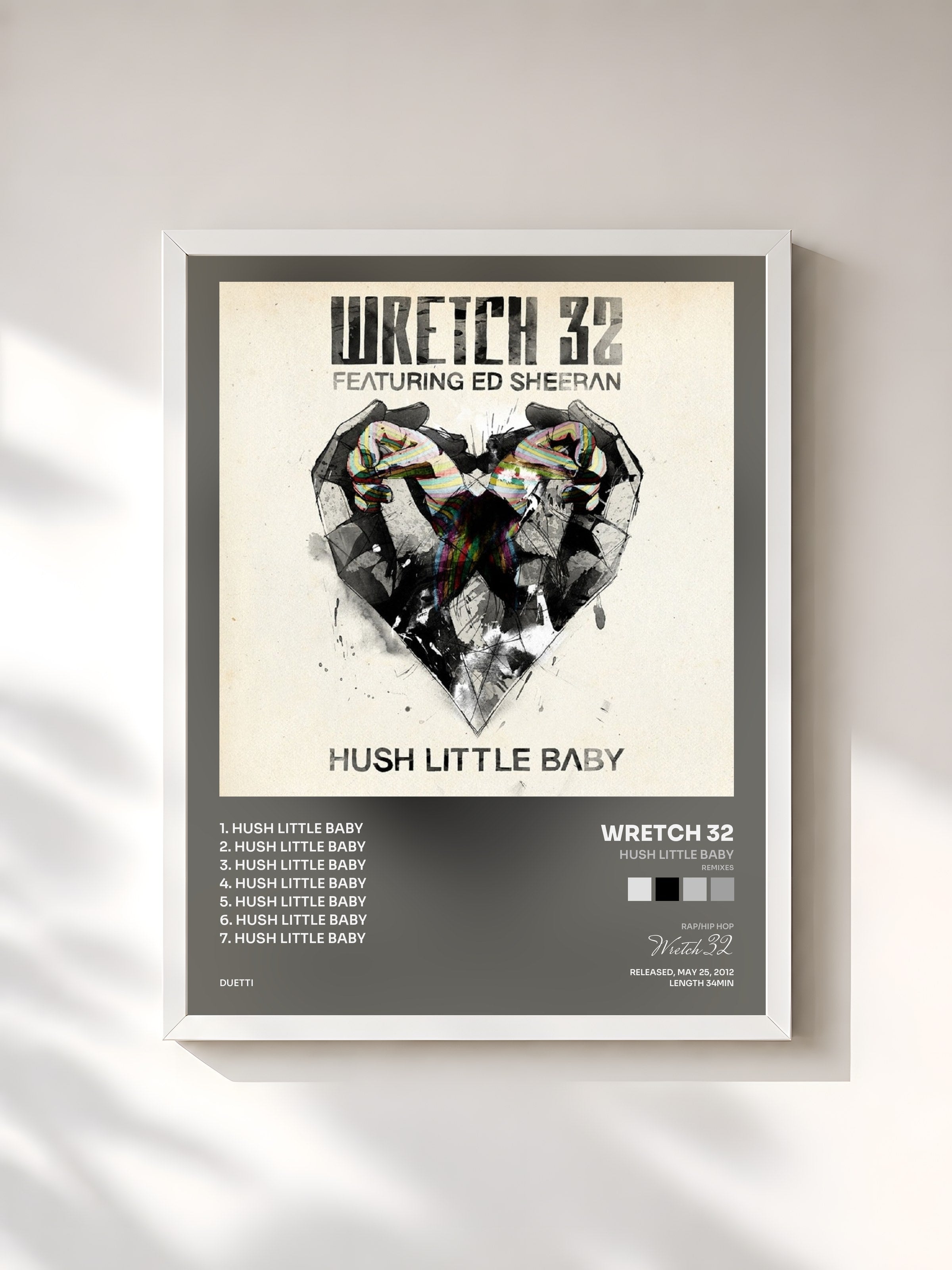 #blanc Tableau de l'album Hush Little Baby (Remixes) de Wretch 32, cadre blanc, imprimé et encadré en France
