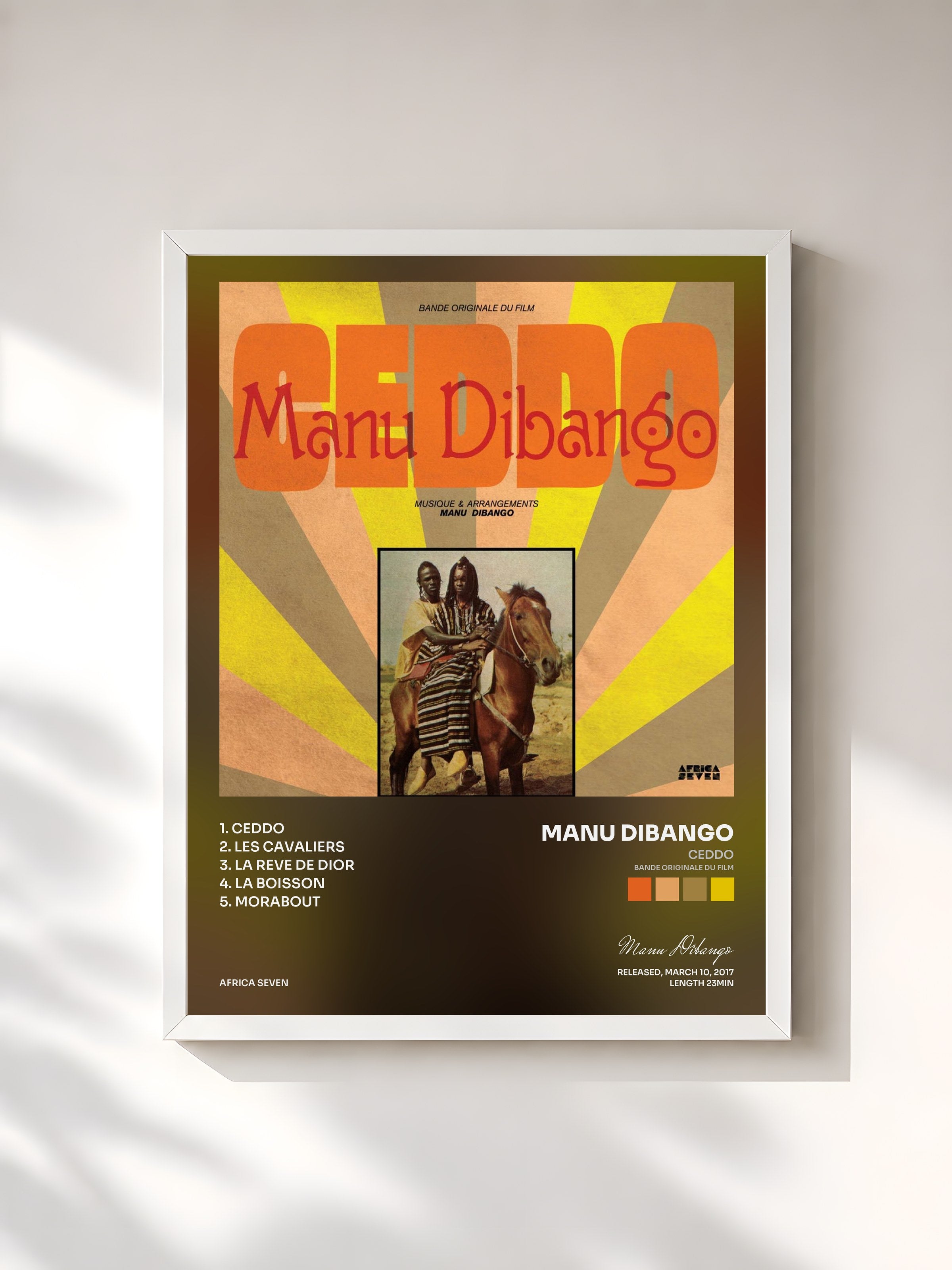 #blanc Tableau de l'album Ceddo (Bande originale du film) de Manu Dibango, cadre blanc, imprimé et encadré en France
