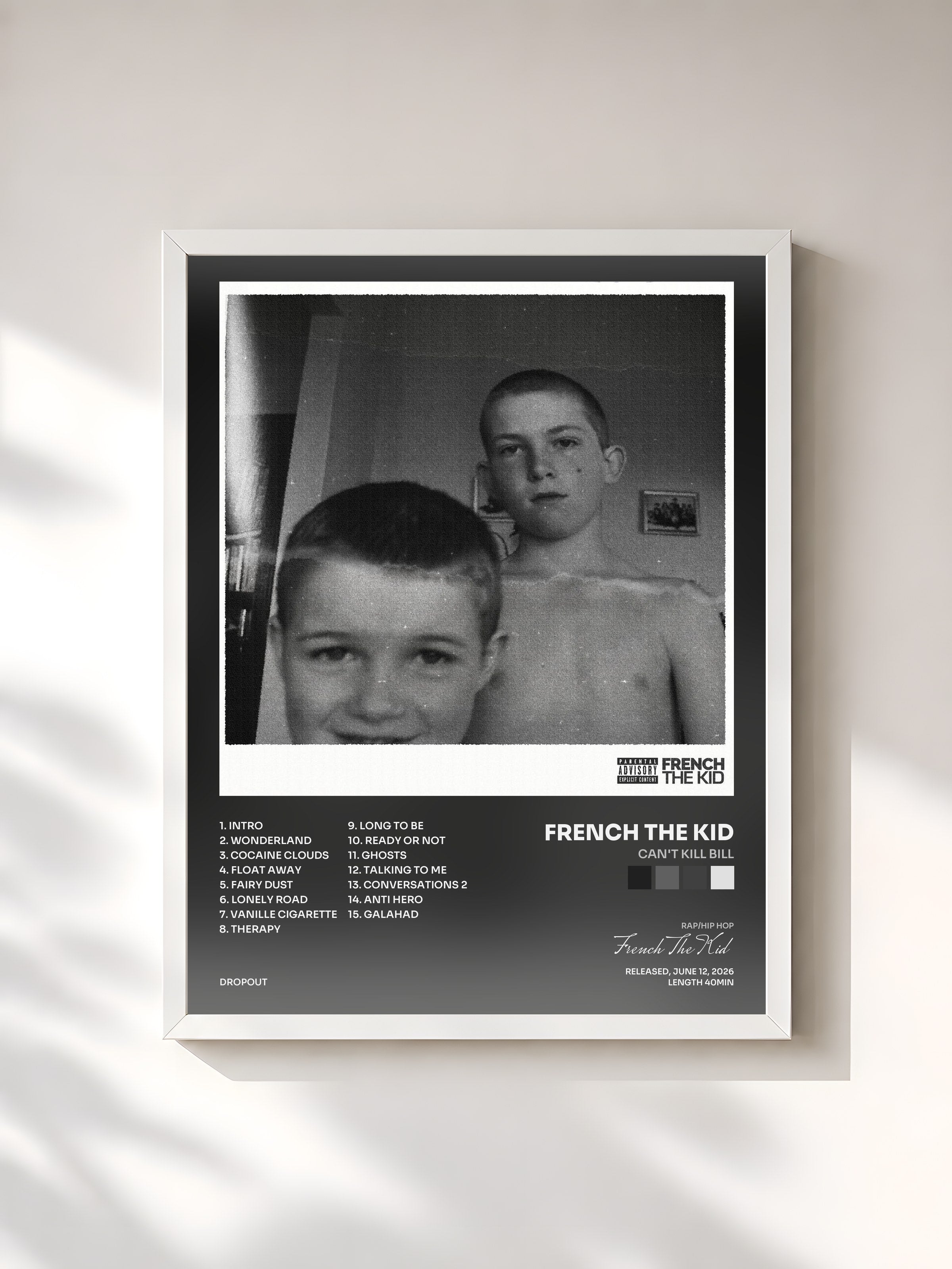 #blanc Tableau de l'album Can't Kill Bill de French The Kid, cadre blanc, imprimé et encadré en France