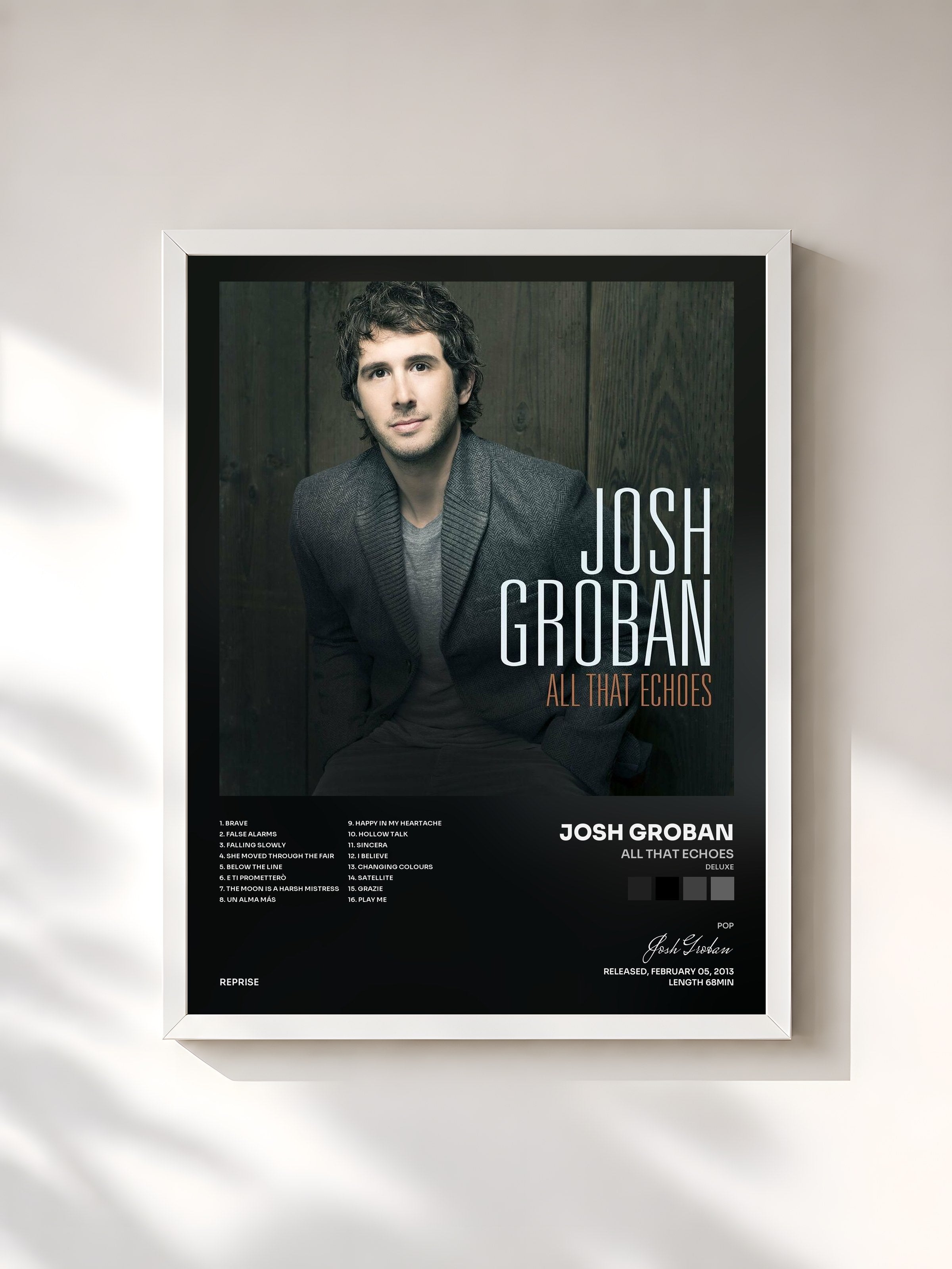 #blanc Tableau de l'album All That Echoes (Deluxe) de Josh Groban, cadre blanc, imprimé et encadré en France