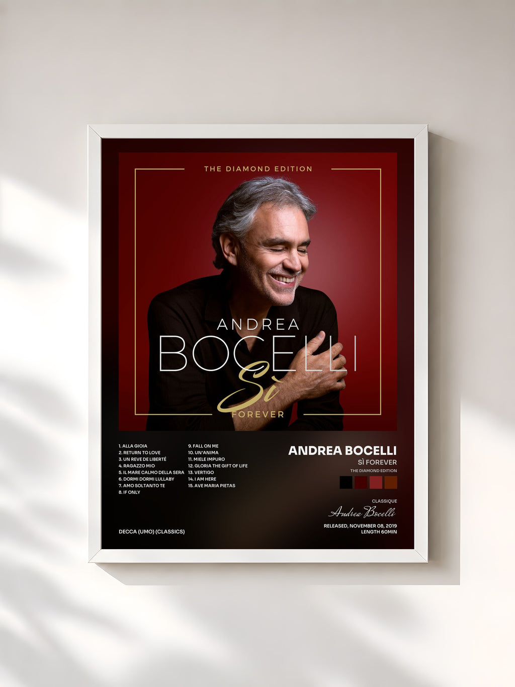 #blanc Tableau de l'album Sì Forever (The Diamond Edition) de Andrea Bocelli, cadre blanc, imprimé et encadré en France