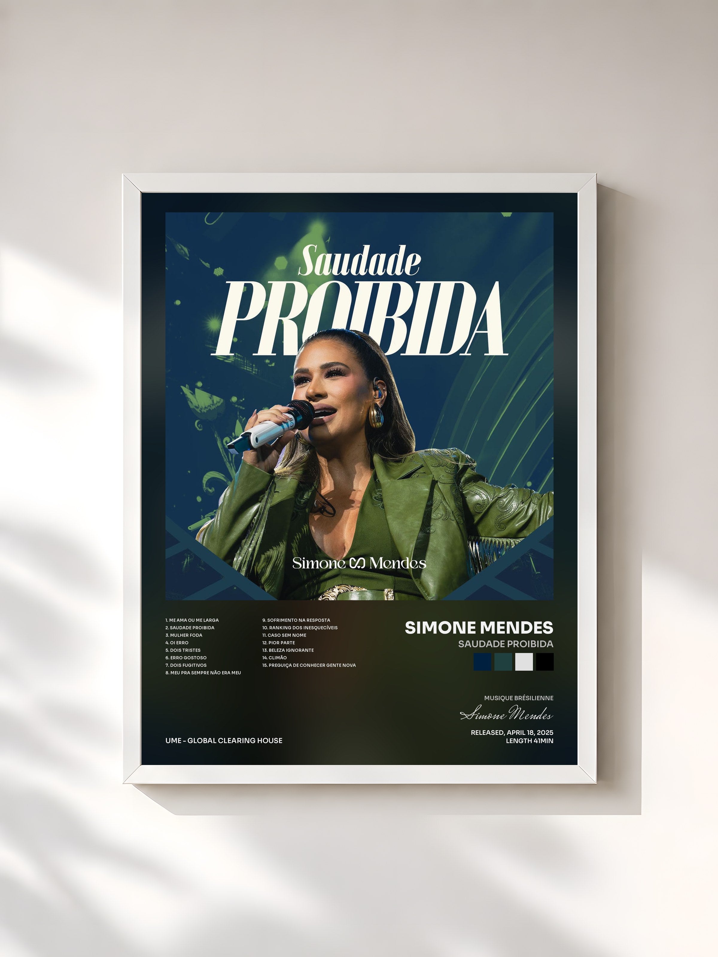 #blanc Tableau de l'album Saudade Proibida de Simone Mendes, cadre blanc, imprimé et encadré en France