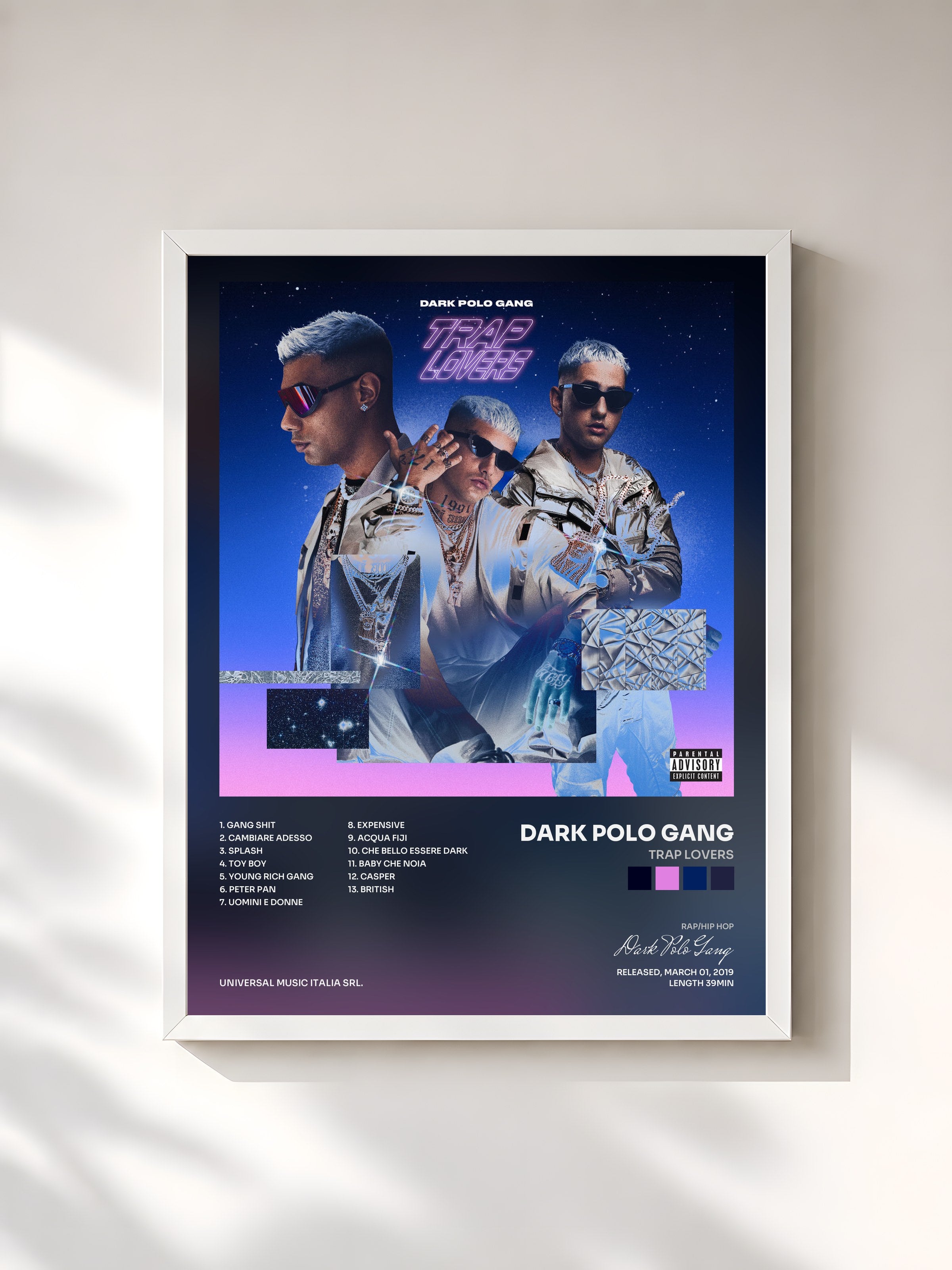#blanc Tableau de l'album Trap Lovers de Dark Polo Gang, cadre blanc, imprimé et encadré en France