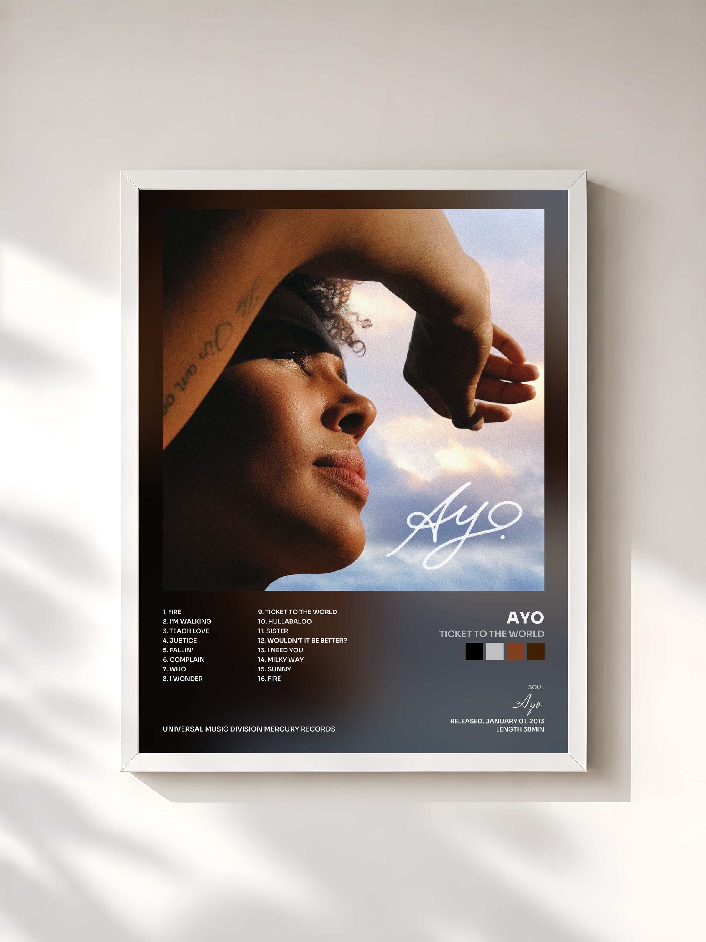 #blanc Tableau de l'album Ticket To The World de Ayo, cadre blanc, imprimé et encadré en France