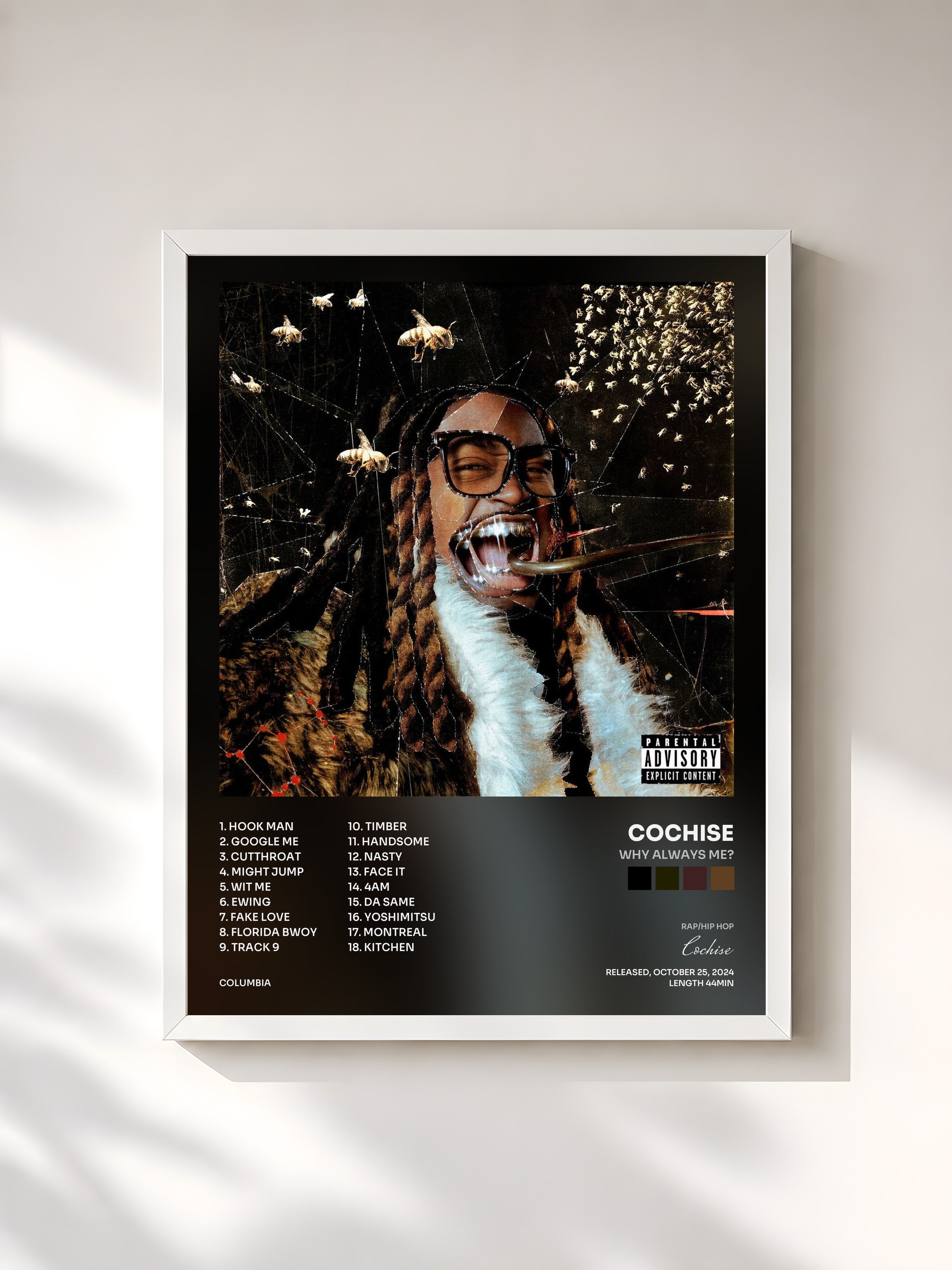 #blanc Tableau de l'album WHY ALWAYS ME? de Cochise, cadre blanc, imprimé et encadré en France