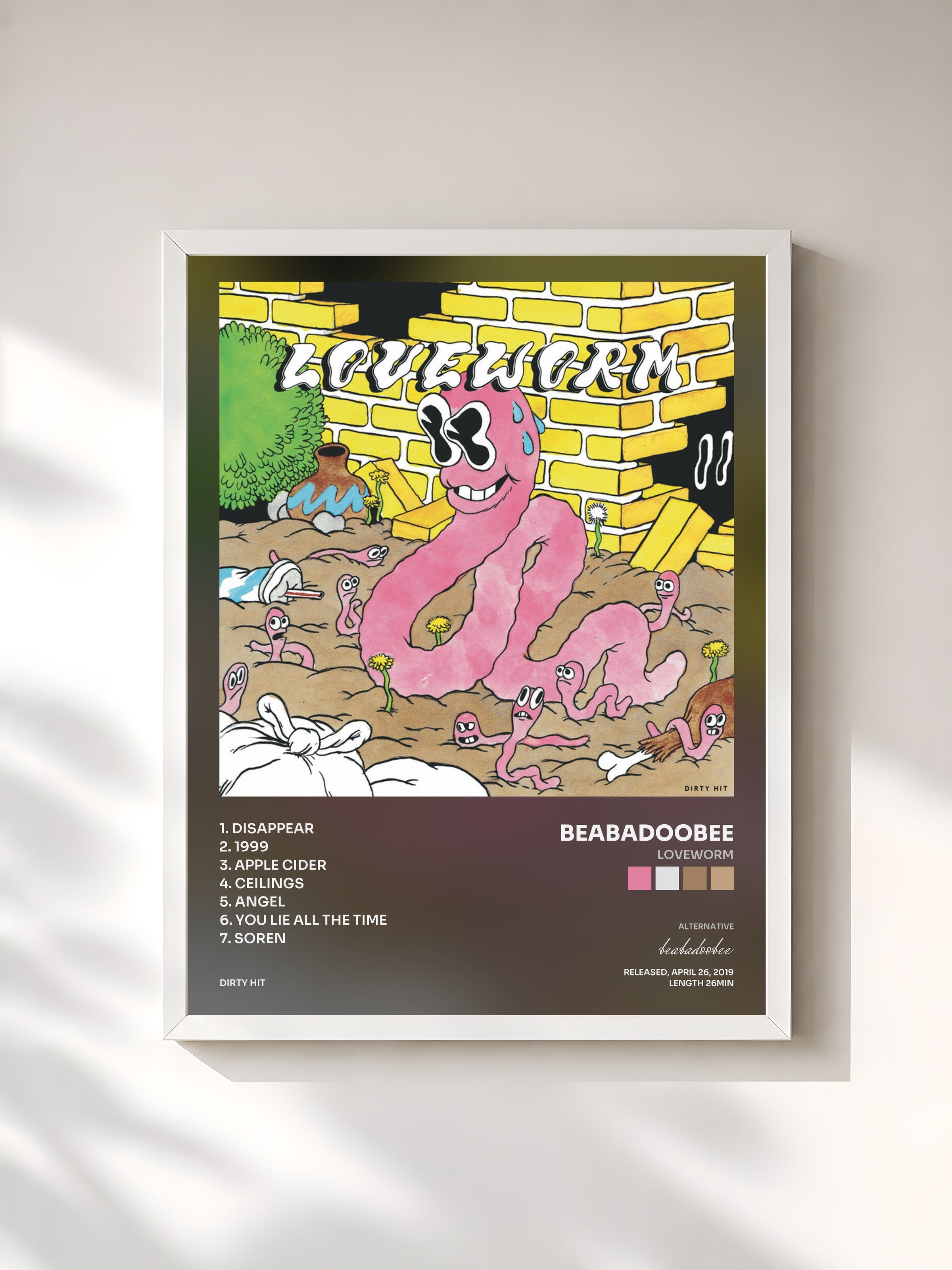 #blanc Tableau de l'album Loveworm de beabadoobee, cadre blanc, imprimé et encadré en France