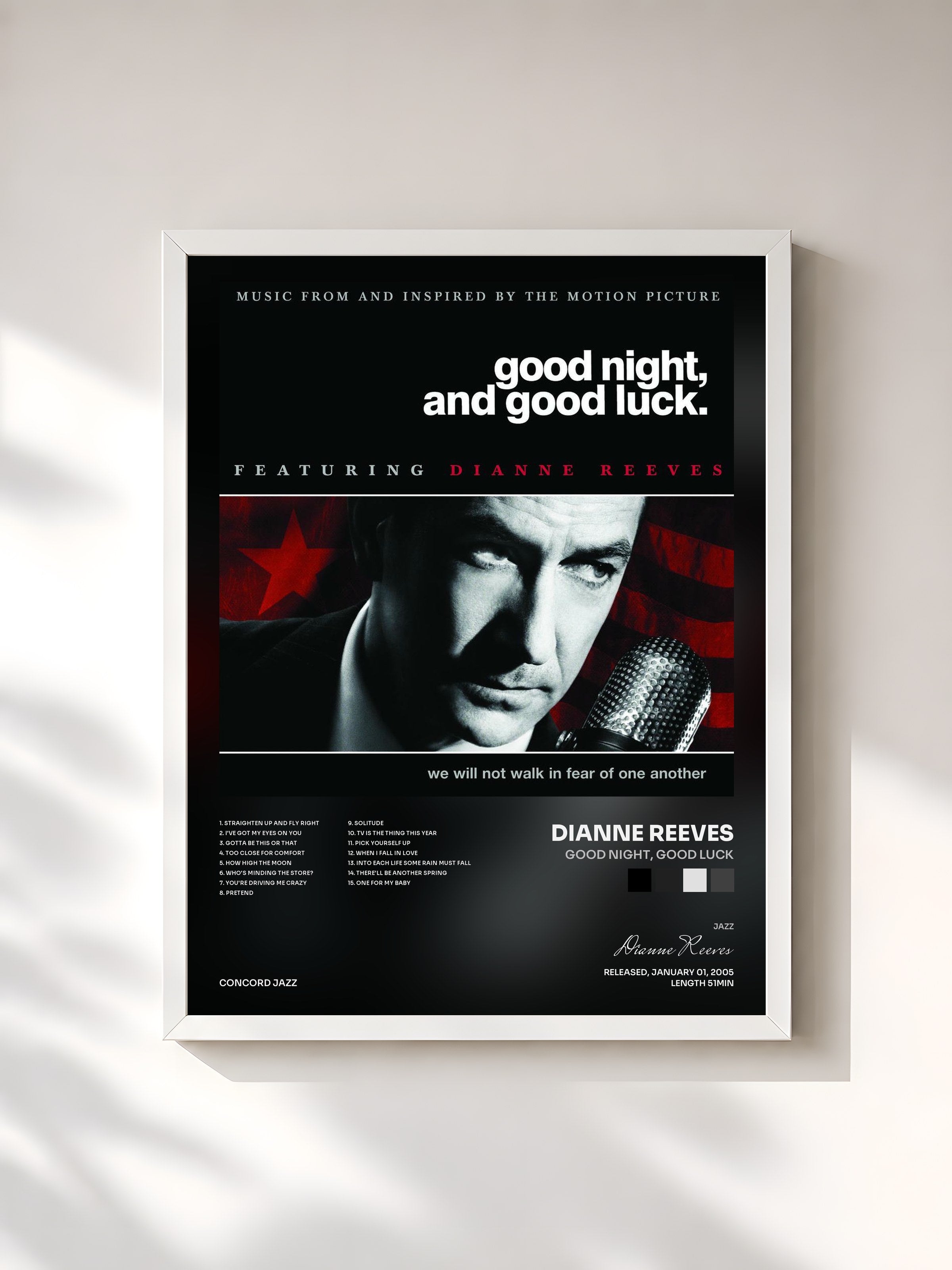 #blanc Tableau de l'album Good Night, Good Luck de Dianne Reeves, cadre blanc, imprimé et encadré en France