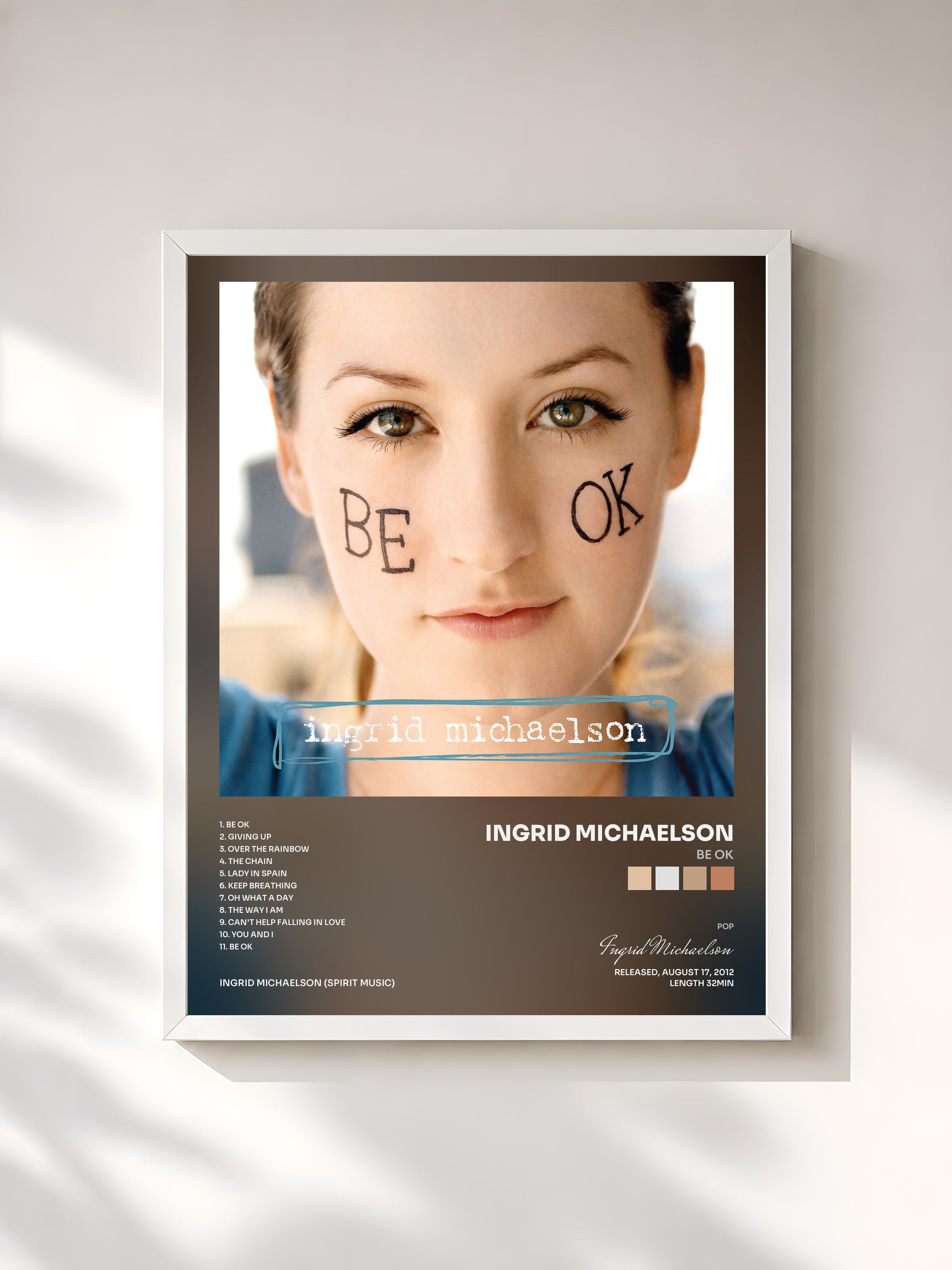 #blanc Tableau de l'album Be OK de Ingrid Michaelson, cadre blanc, imprimé et encadré en France