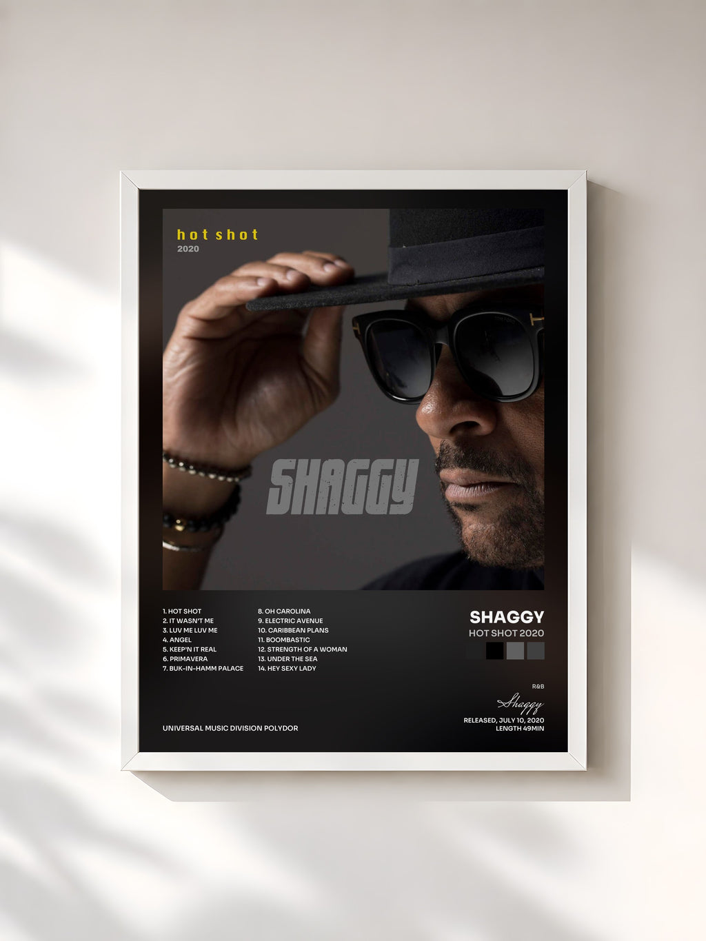 #blanc Tableau de l'album Hot Shot 2020 de Shaggy, cadre blanc, imprimé et encadré en France