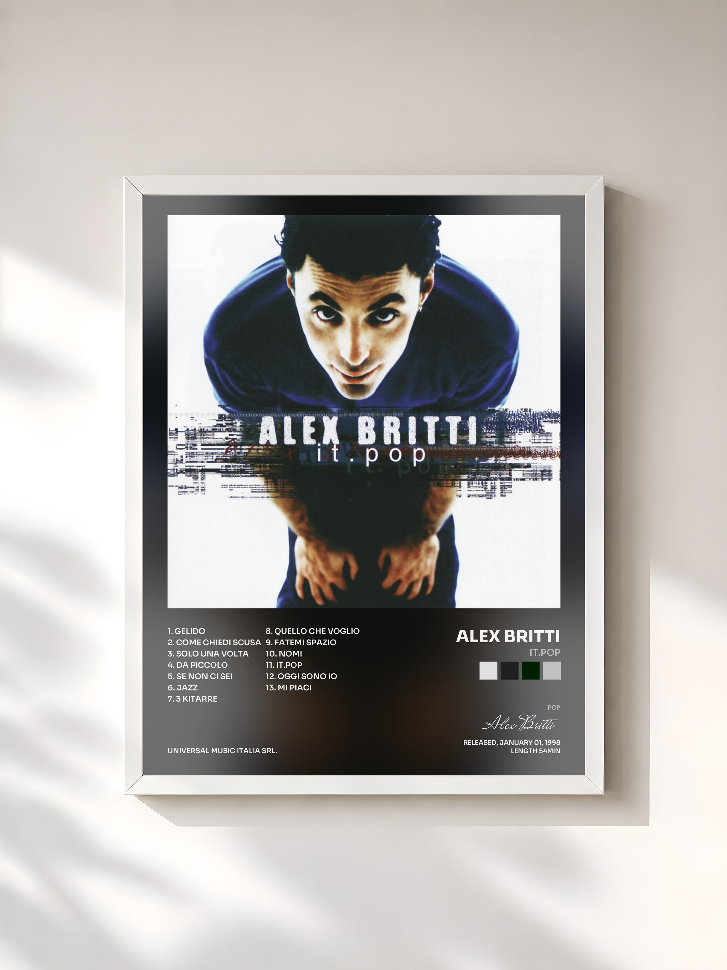 #blanc Tableau de l'album it.pop de Alex Britti, cadre blanc, imprimé et encadré en France