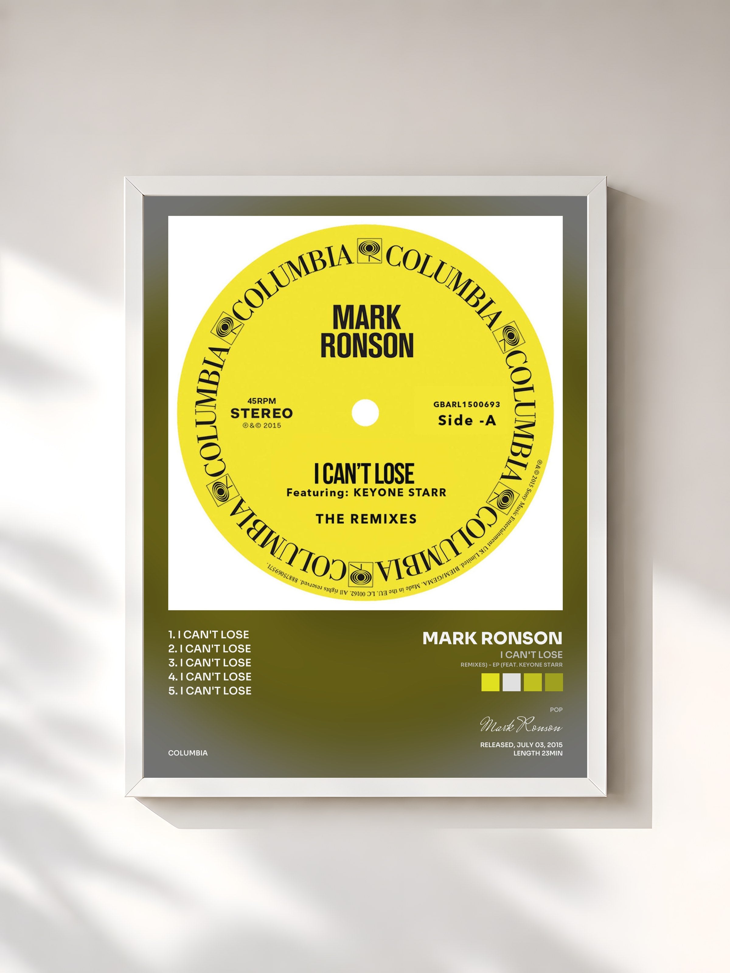 #blanc Tableau de l'album I Can't Lose (Remixes) - EP (feat. Keyone Starr) de Mark Ronson, cadre blanc, imprimé et encadré en France