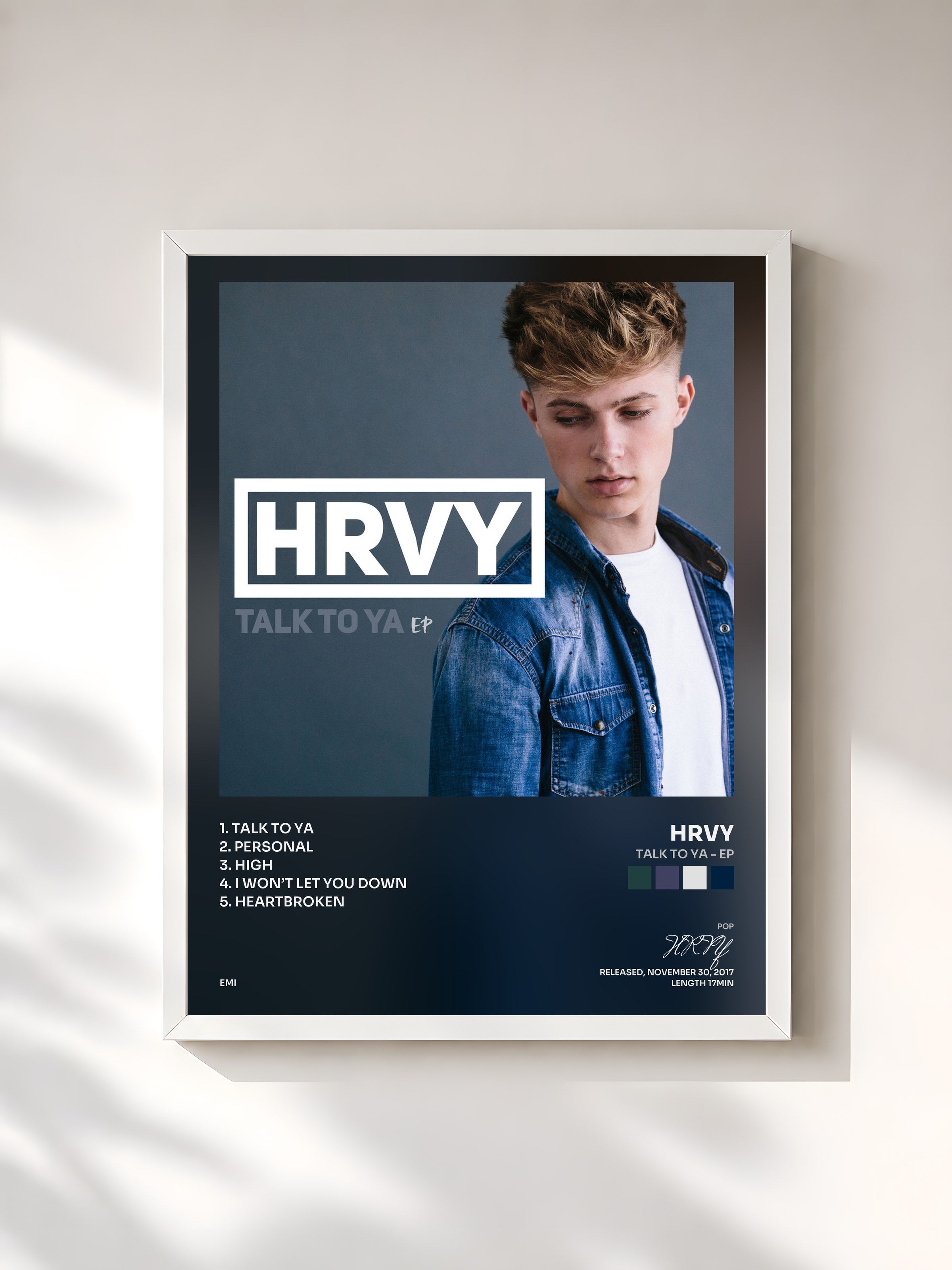 #blanc Tableau de l'album Talk To Ya - EP de HRVY, cadre blanc, imprimé et encadré en France