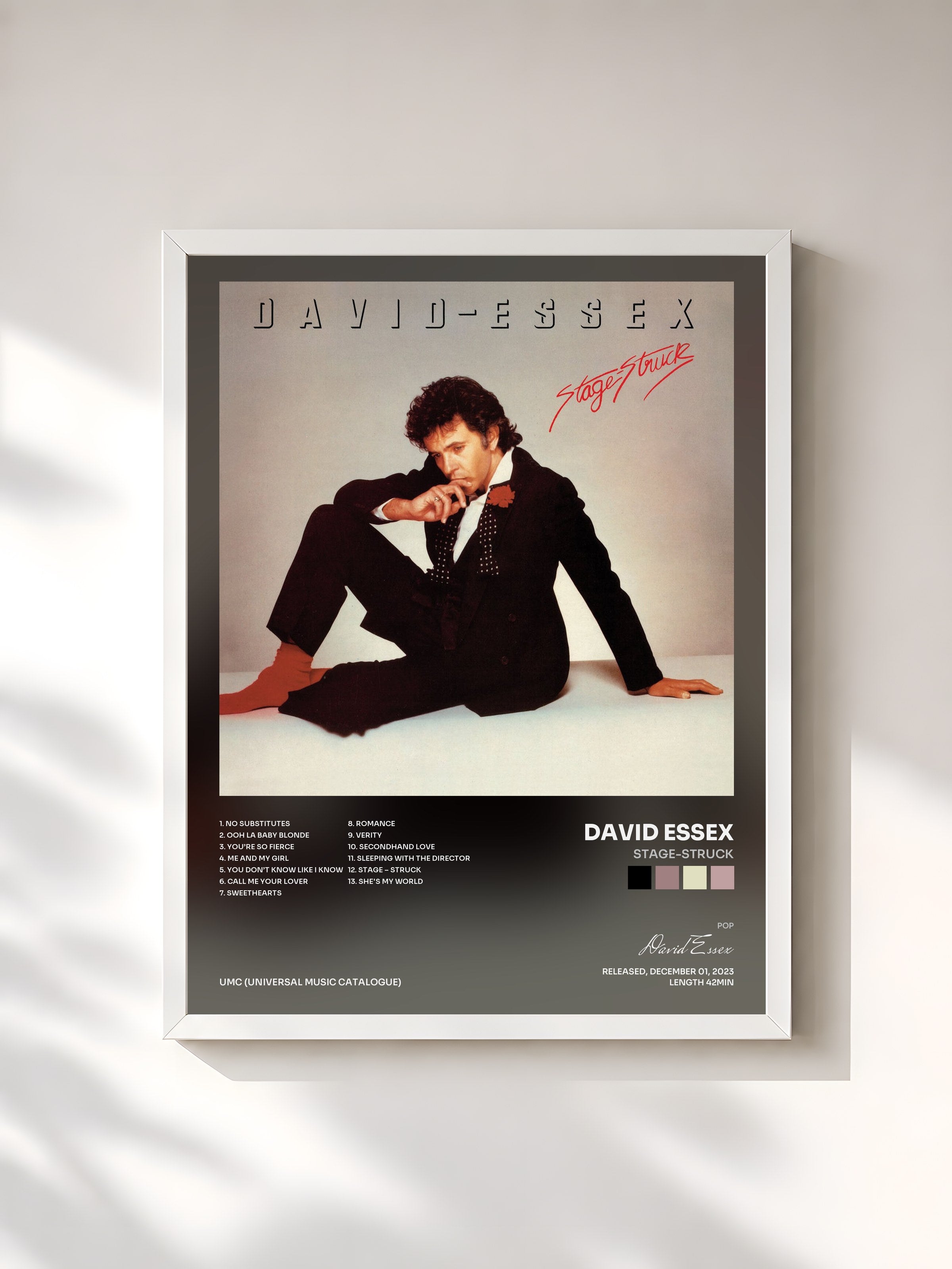 #blanc Tableau de l'album Stage-Struck de David Essex, cadre blanc, imprimé et encadré en France