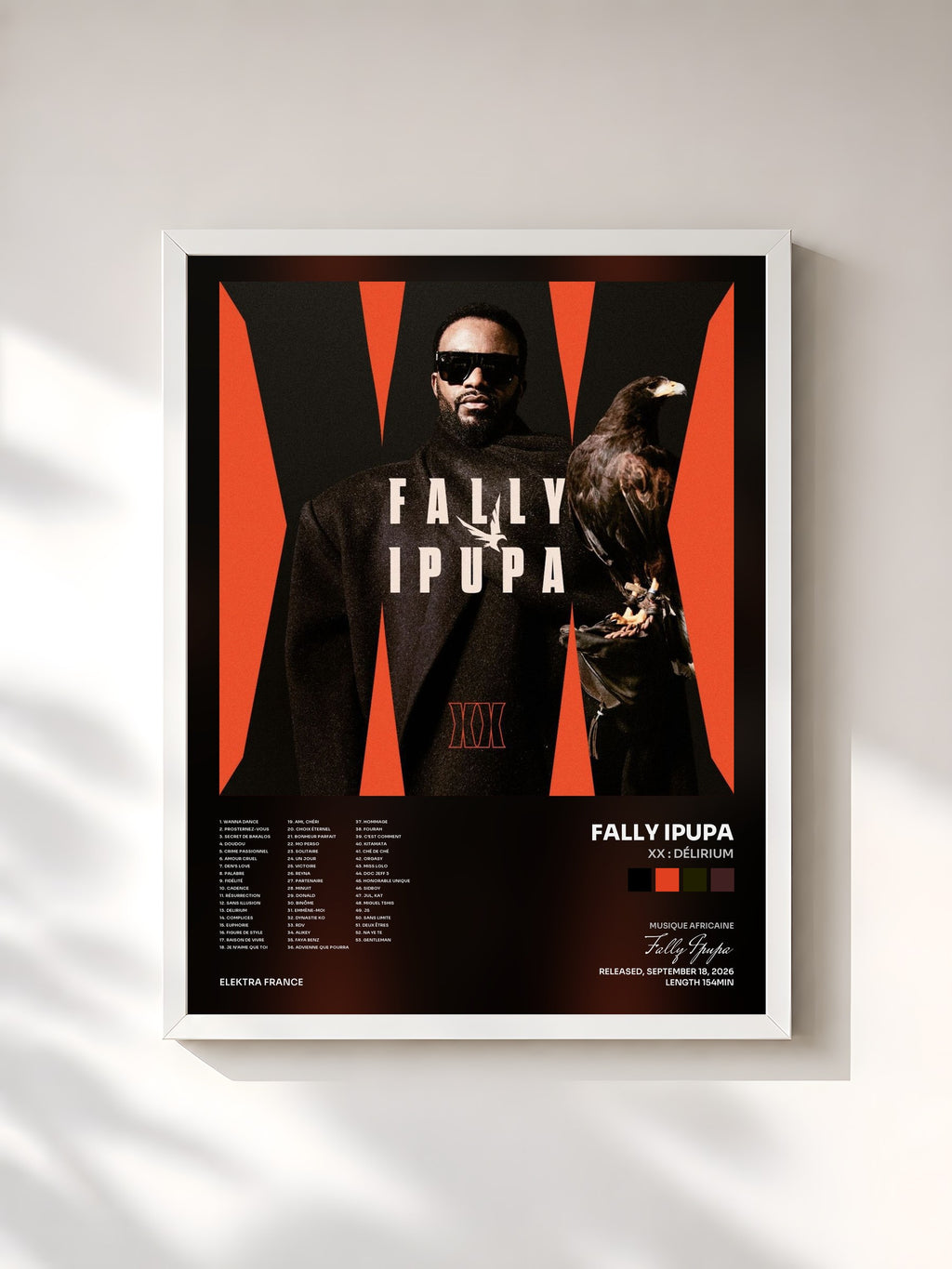 #blanc Tableau de l'album XX : Délirium de Fally Ipupa, cadre blanc, imprimé et encadré en France