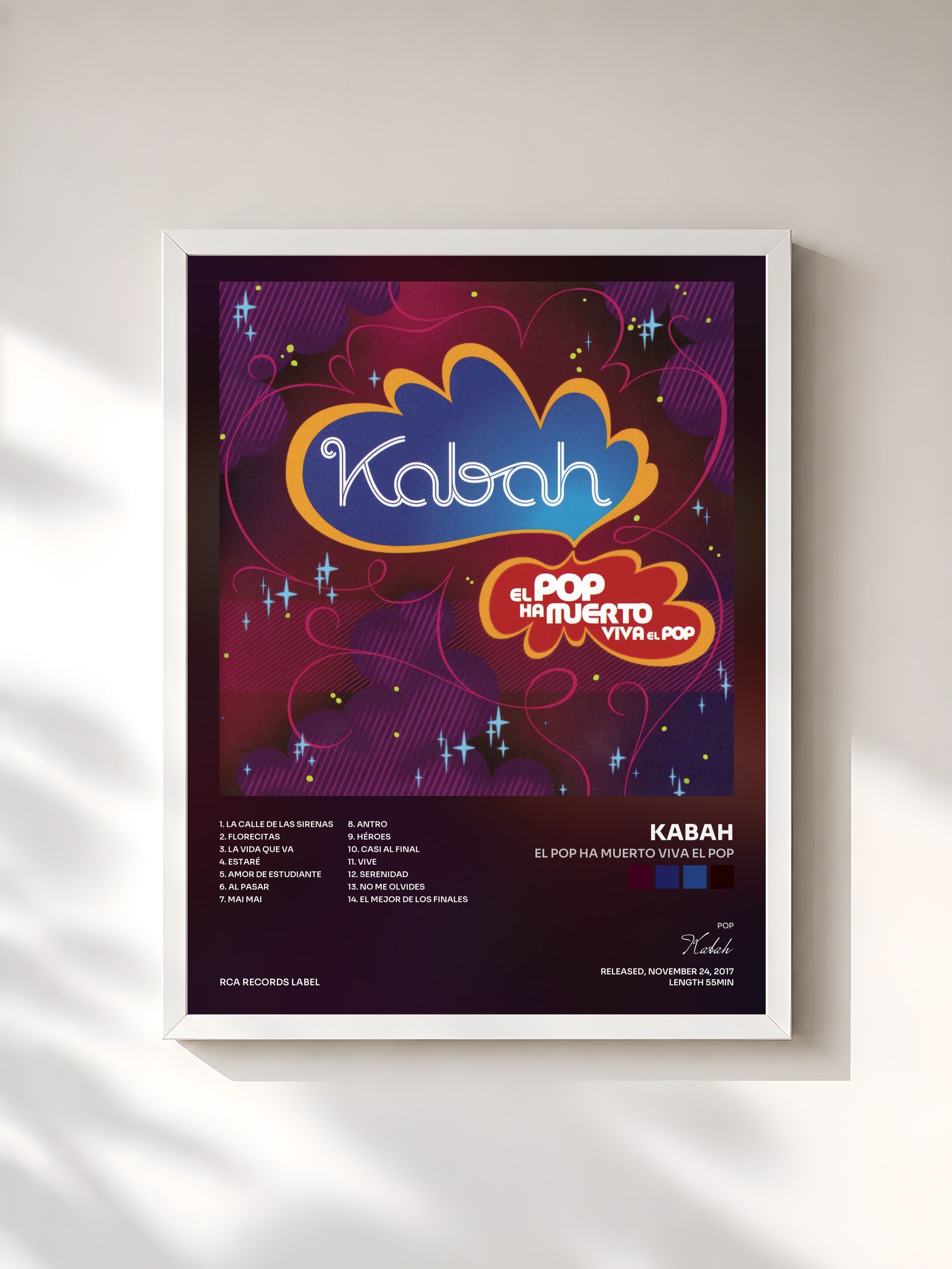 #blanc Tableau de l'album El Pop Ha Muerto Viva el Pop de Kabah, cadre blanc, imprimé et encadré en France