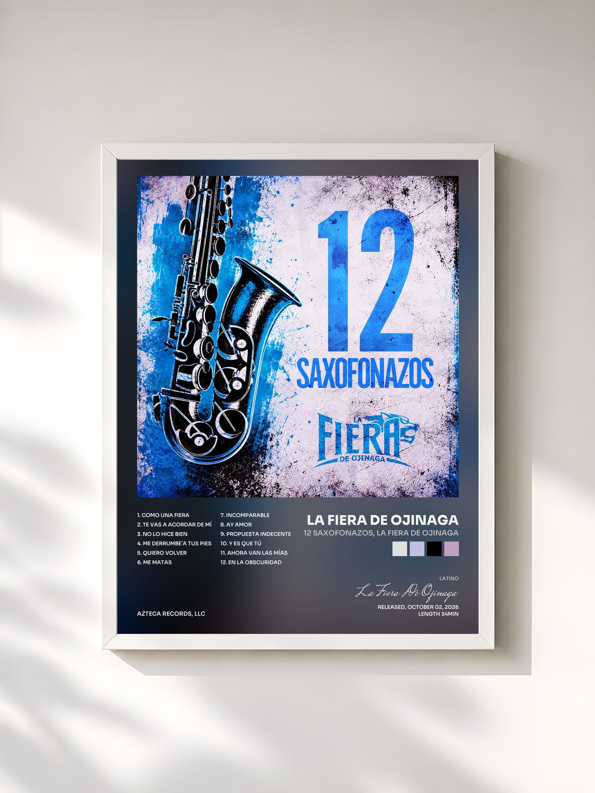 #blanc Tableau de l'album 12 Saxofonazos, La Fiera De Ojinaga de La Fiera De Ojinaga, cadre blanc, imprimé et encadré en France