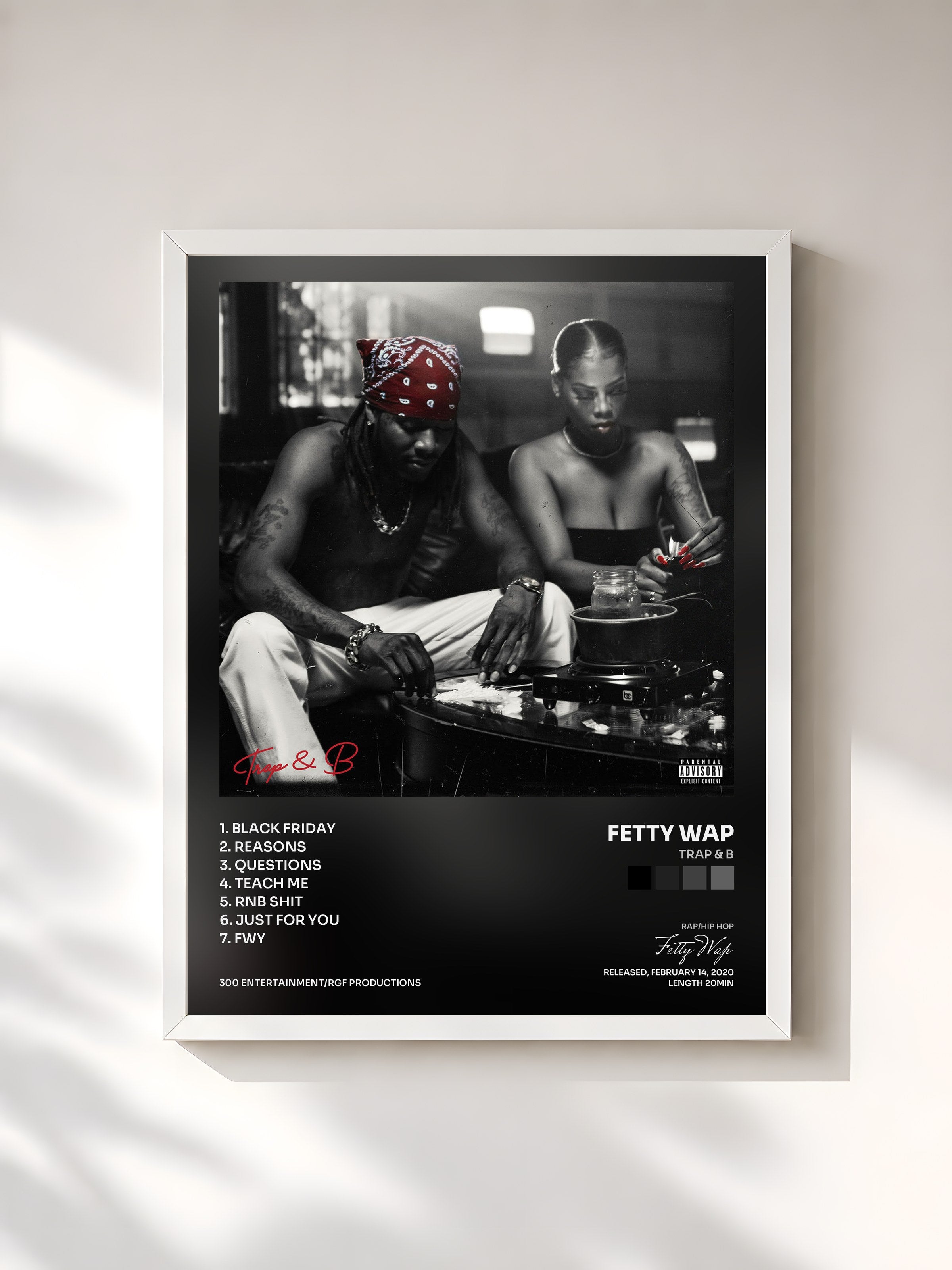 #blanc Tableau de l'album Trap & B de Fetty Wap, cadre blanc, imprimé et encadré en France