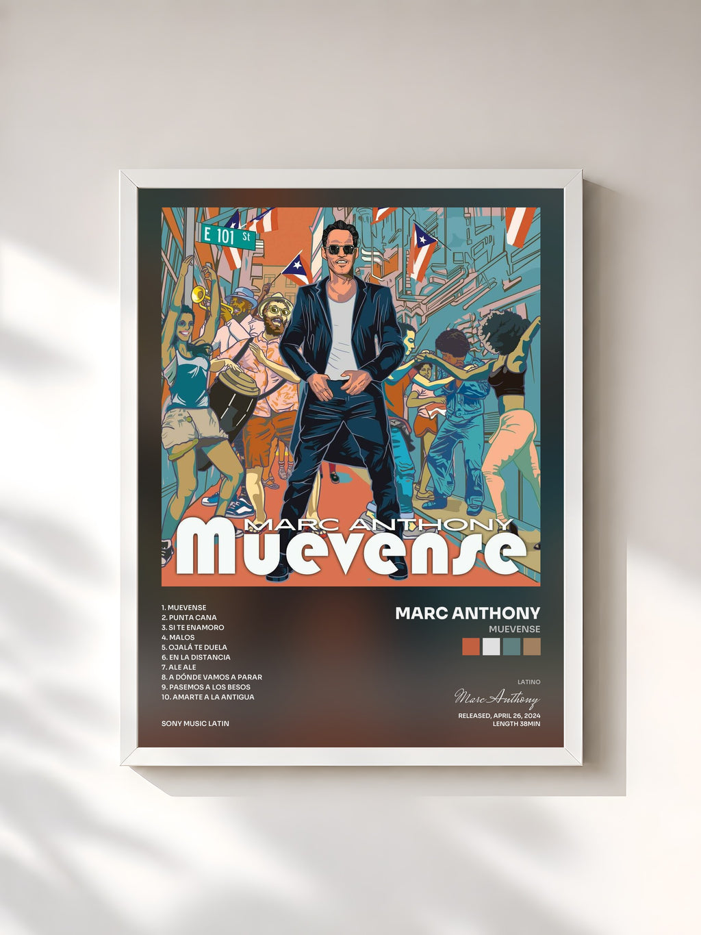 #blanc Tableau de l'album MUEVENSE de Marc Anthony, cadre blanc, imprimé et encadré en France