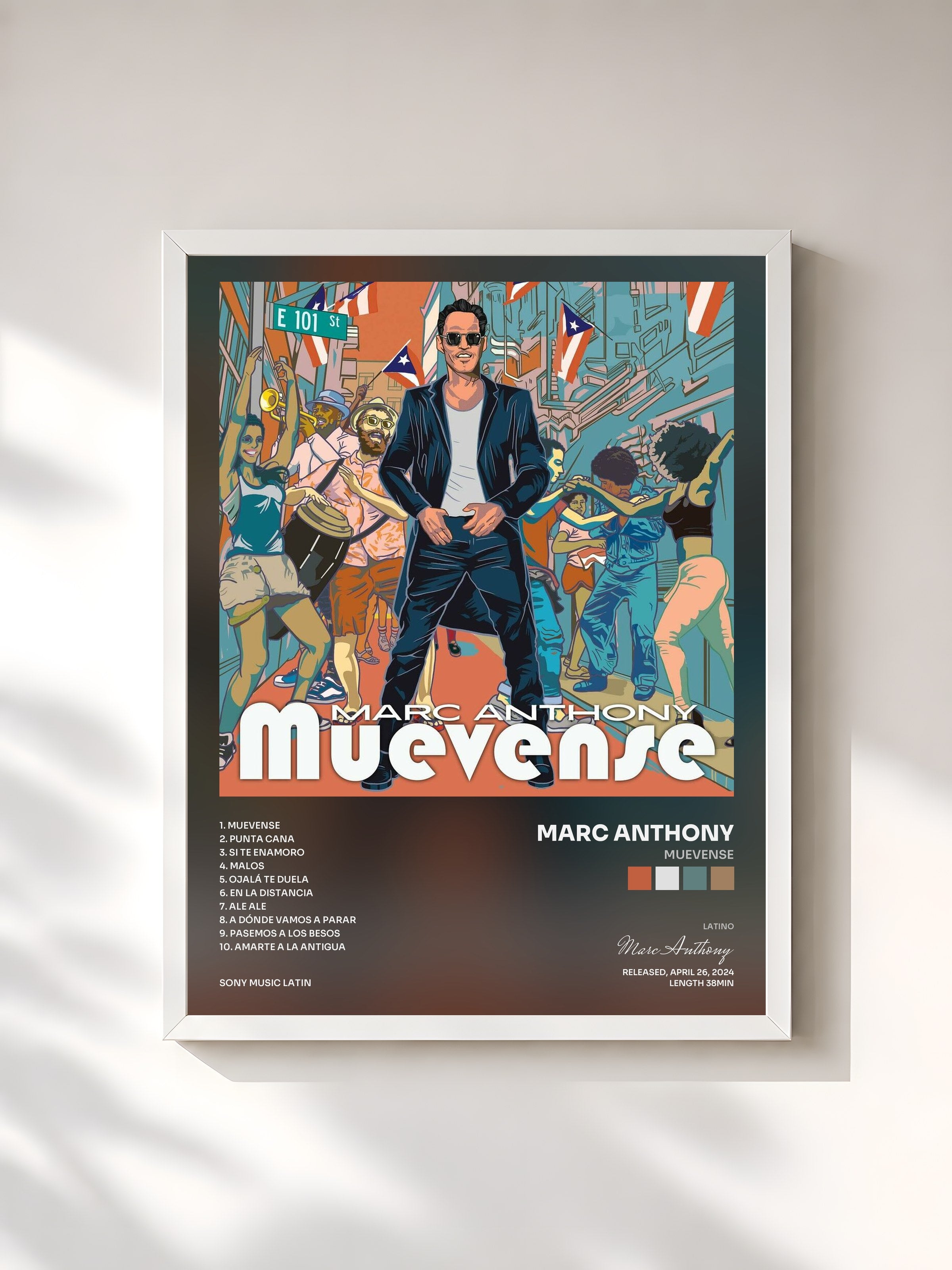 #blanc Tableau de l'album MUEVENSE de Marc Anthony, cadre blanc, imprimé et encadré en France