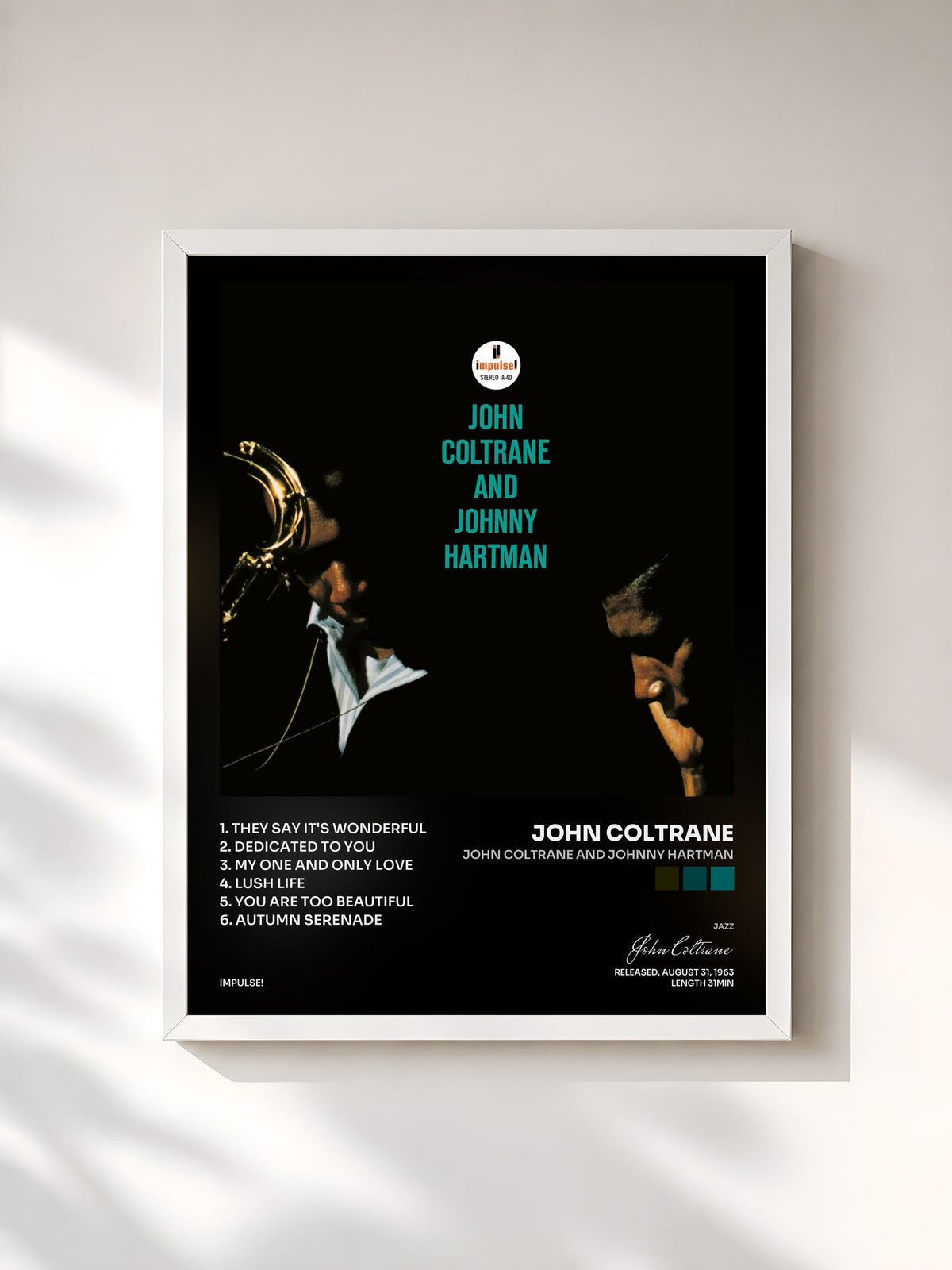 #blanc Tableau de l'album John Coltrane And Johnny Hartman de John Coltrane, cadre blanc, imprimé et encadré en France