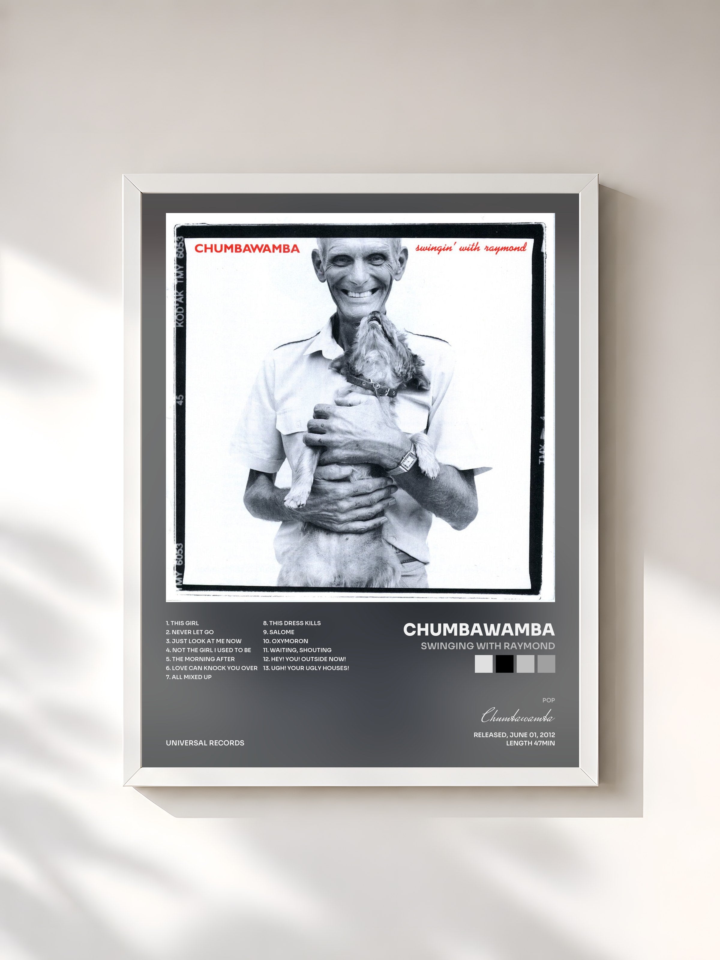 #blanc Tableau de l'album Swinging With Raymond de Chumbawamba, cadre blanc, imprimé et encadré en France