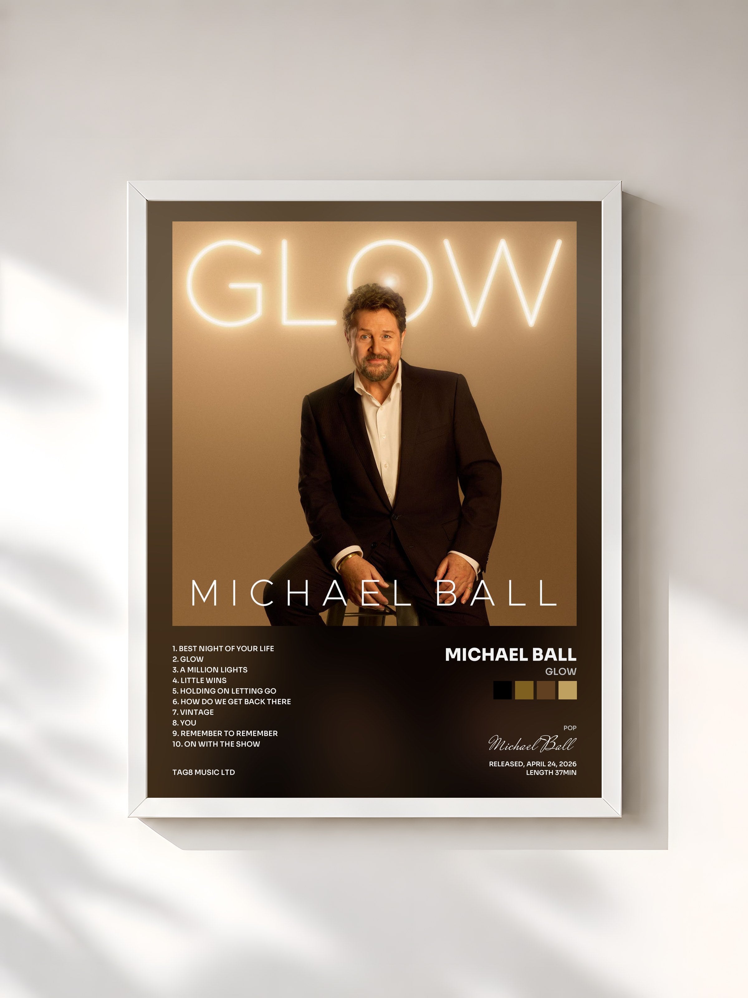 #blanc Tableau de l'album Glow de Michael Ball, cadre blanc, imprimé et encadré en France